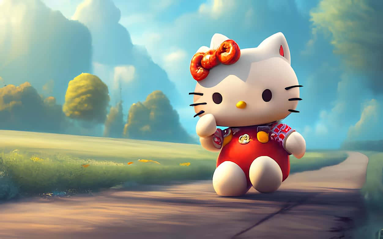 3d Hello Kitty, red overalls, country road, SD Desktop Wallpaper