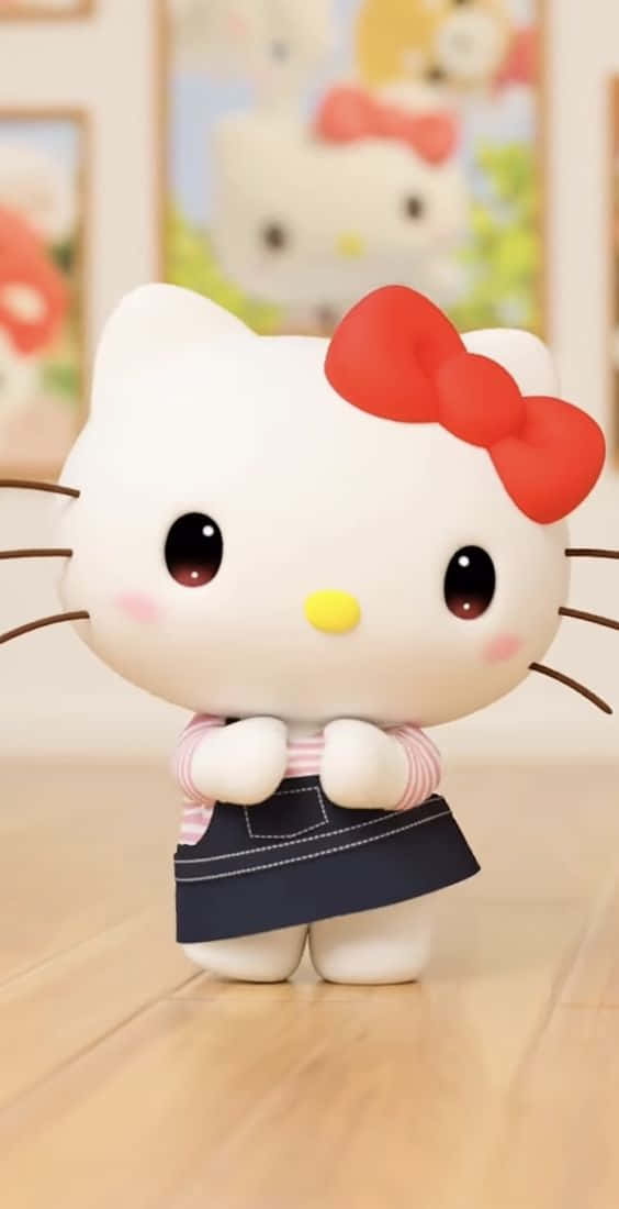 3d Hello Kitty, red bow, striped shirt, SD Phone Wallpaper