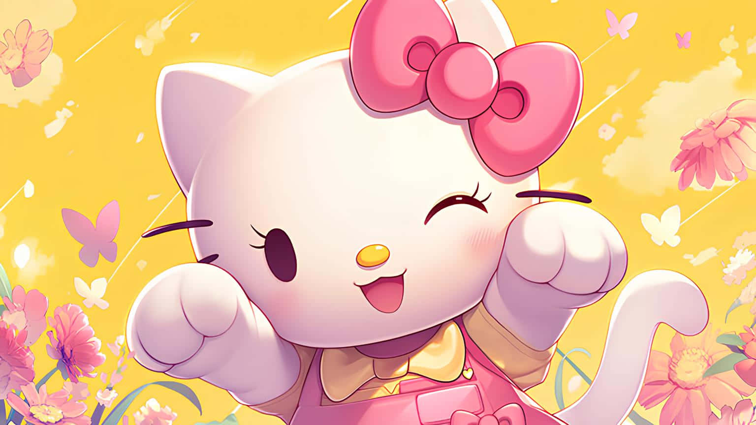 3d Hello Kitty, Hello Kitty, pink flowers, HD Desktop Wallpaper