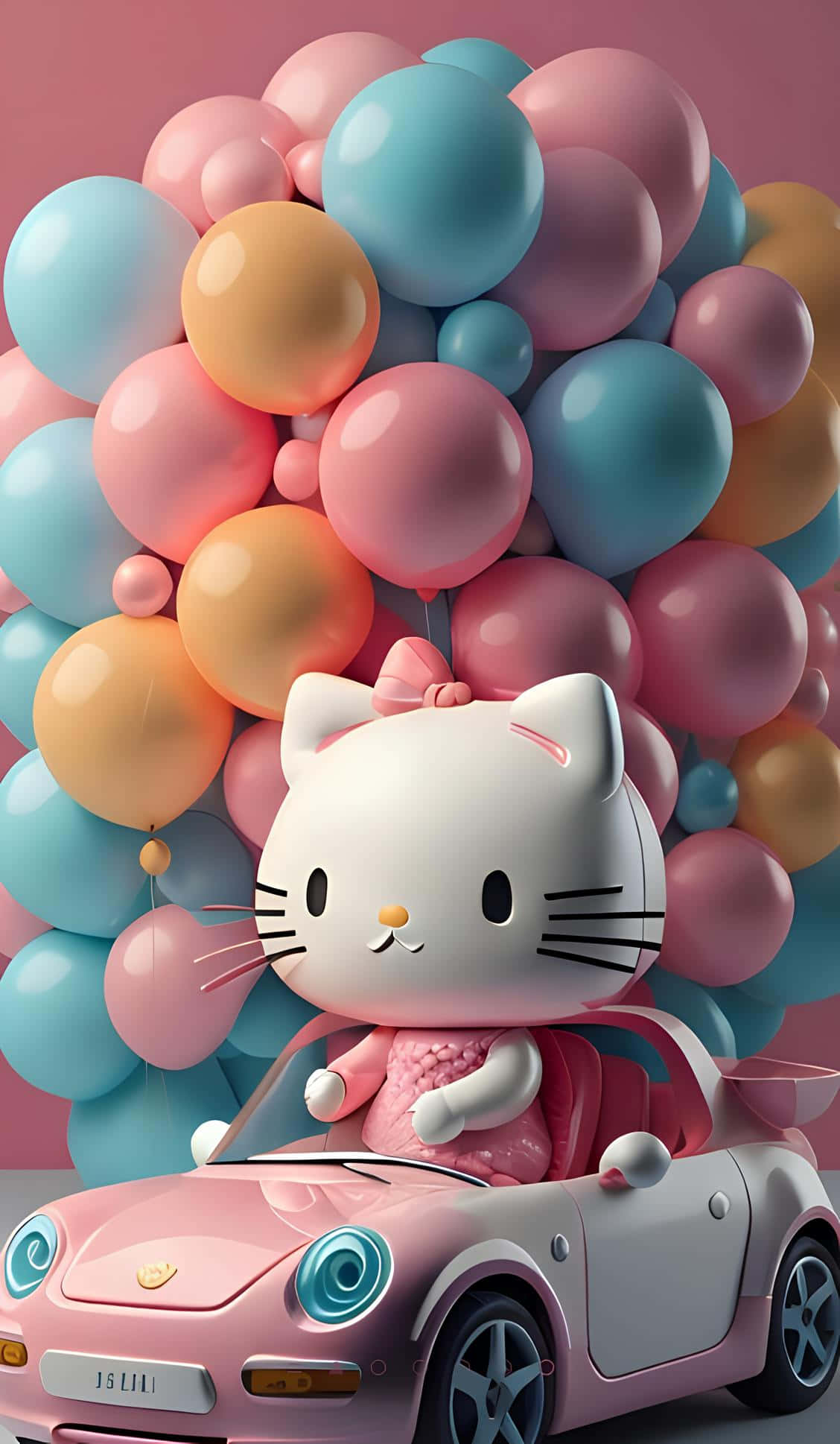 Hello Kitty, pink bow, pink convertible car, Full HD Phone Wallpaper