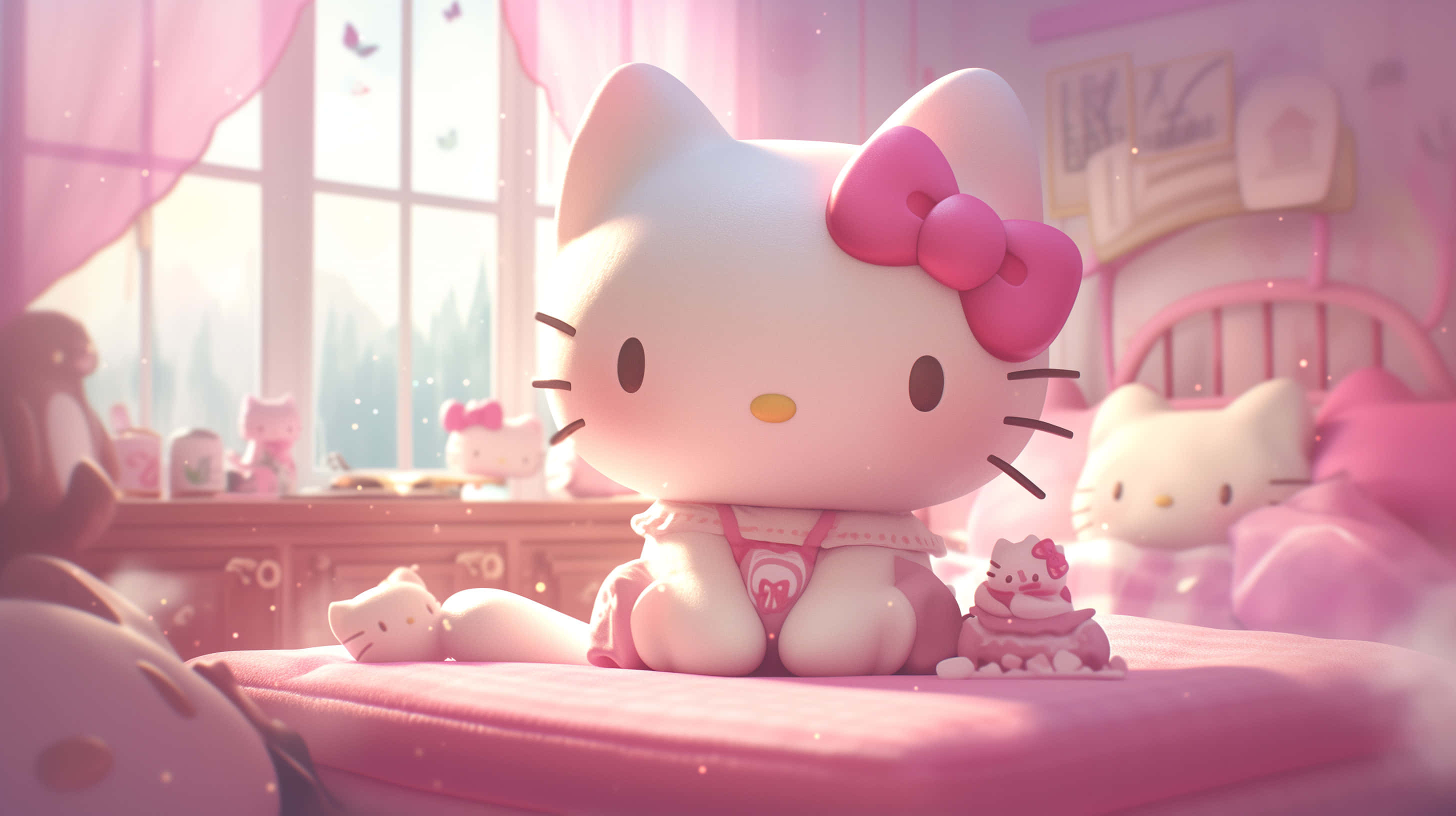 Hello Kitty, pink bedroom, pink bed, 2K Desktop Wallpaper