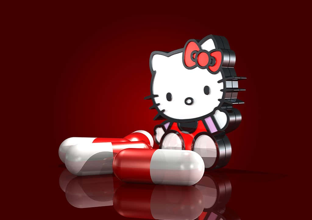 3d Hello Kitty, red bow, oversized red and white pills, SD Desktop Wallpaper