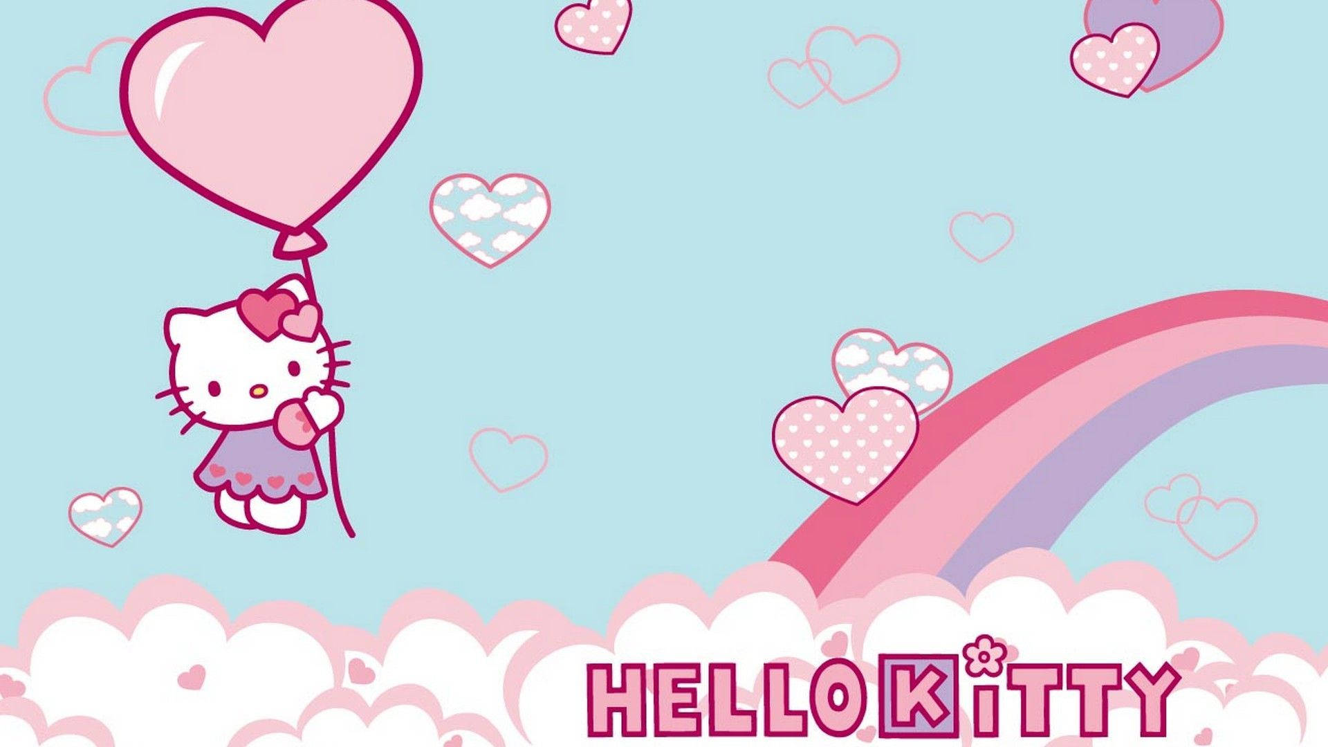 Hello Kitty, pink balloon, fluffy clouds, Full HD Desktop Wallpaper
