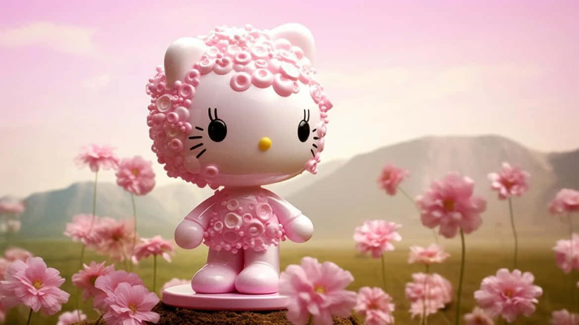 3d Hello Kitty, floral landscape, pink Hello Kitty, SD Desktop Wallpaper