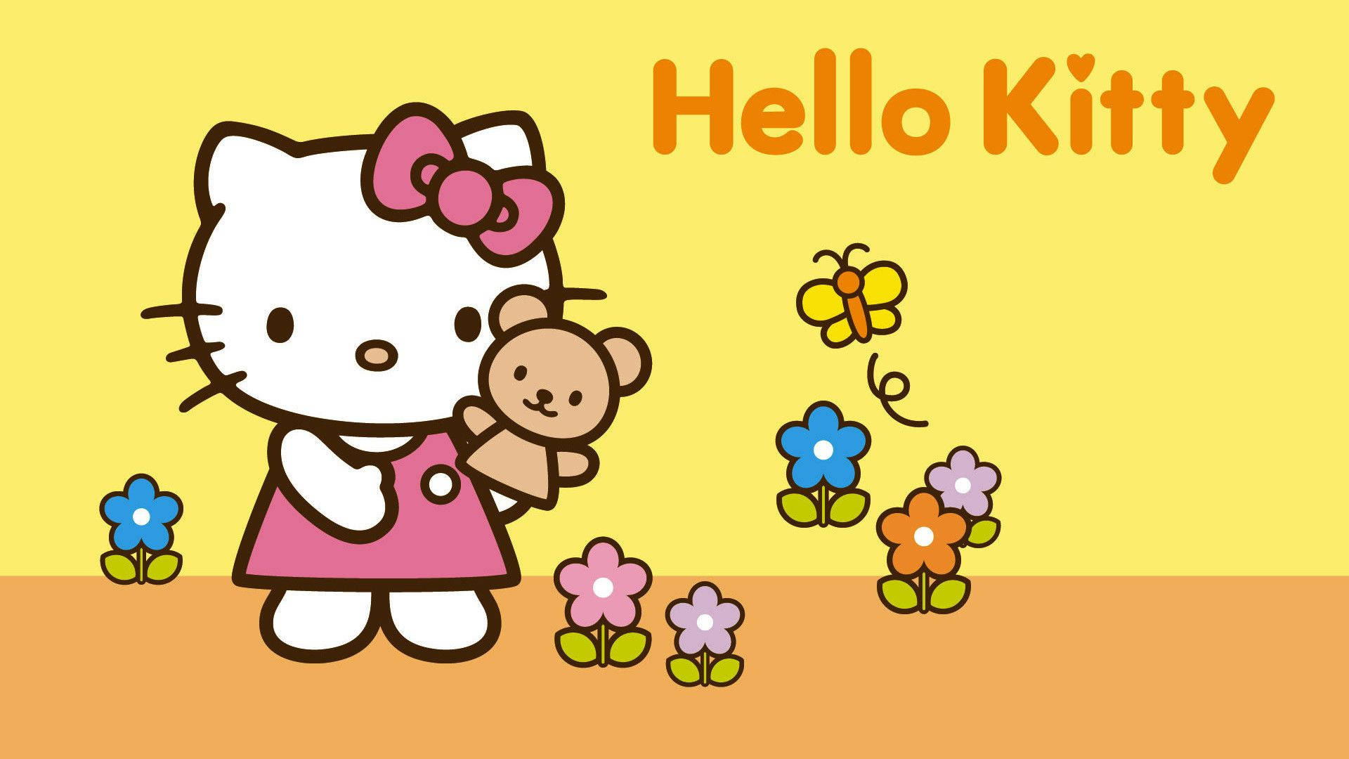 Hello Kitty, pink dress, teddy bear, Full HD Desktop Wallpaper