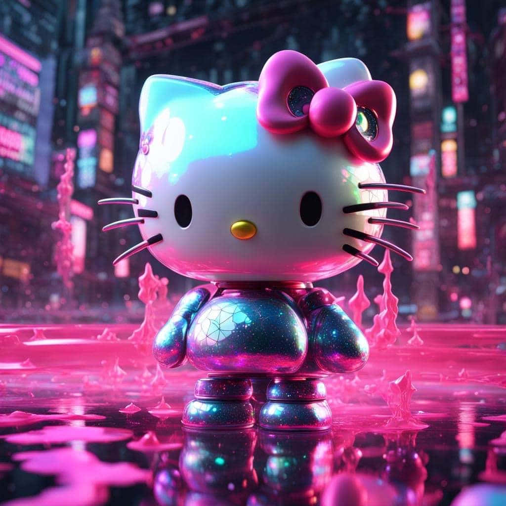 Hello Kitty, cyberpunk cityscape, neon pink, SD Desktop Wallpaper