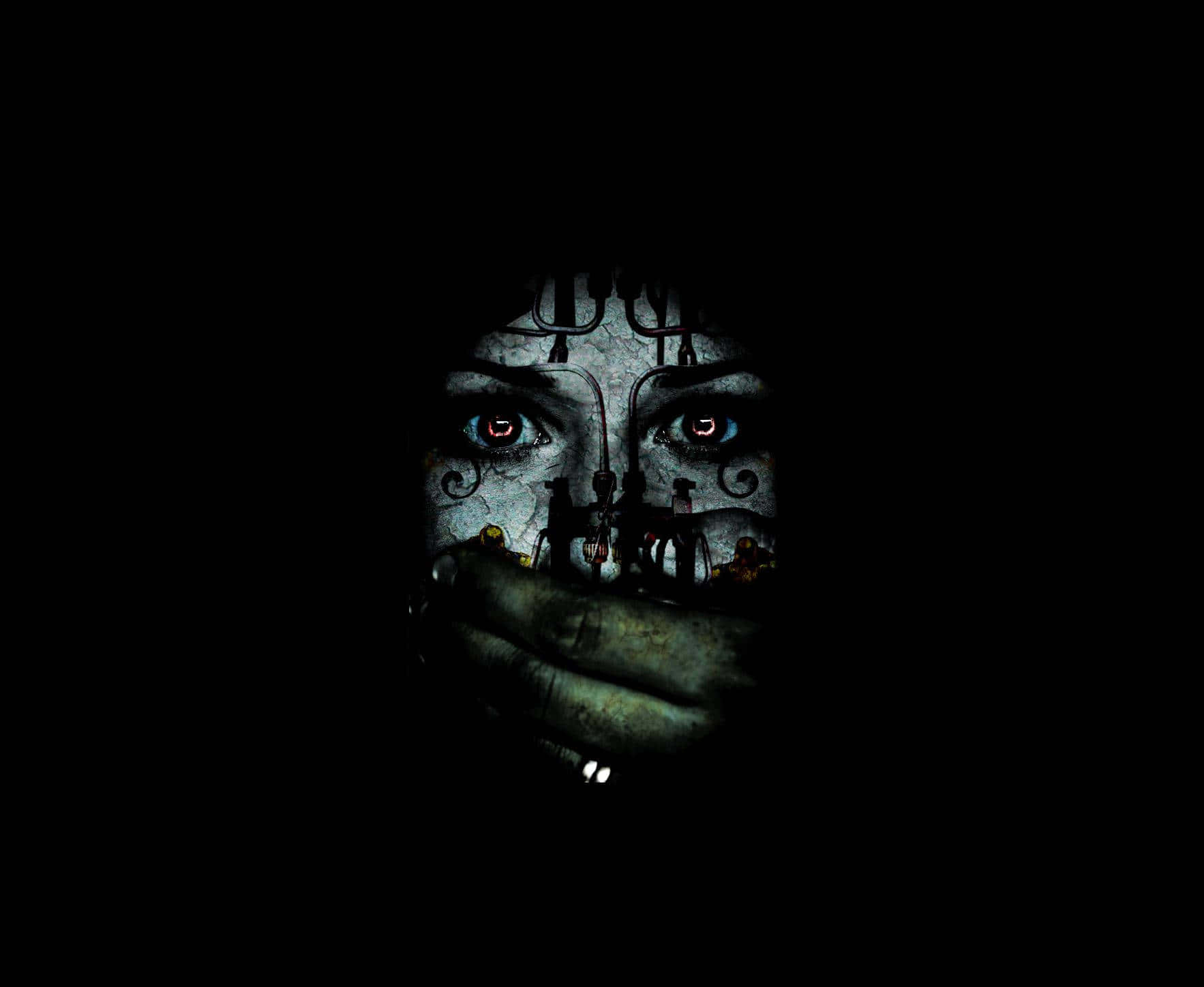 ghostly face, glowing red eyes, ornate metalwork, HD Desktop Wallpaper
