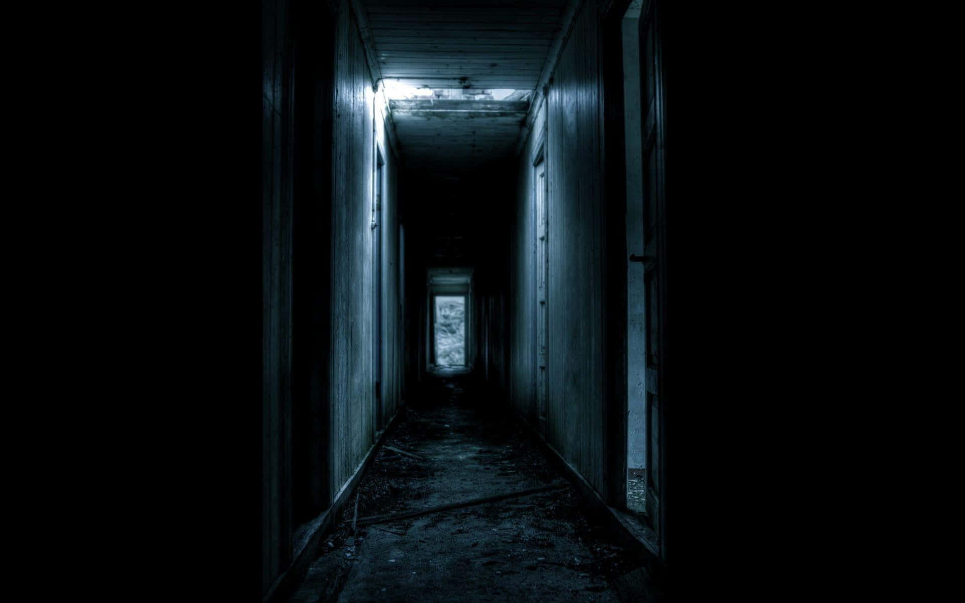 dark corridor, peeling walls, distant window, Full HD Desktop Wallpaper