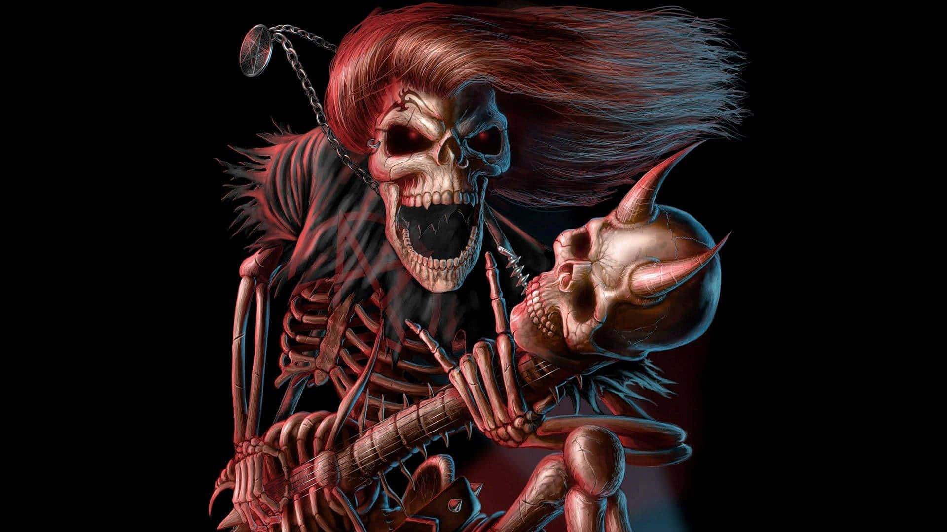 rocking skeleton, skeletal guitarist, spiked guitar, Full HD Desktop Wallpaper