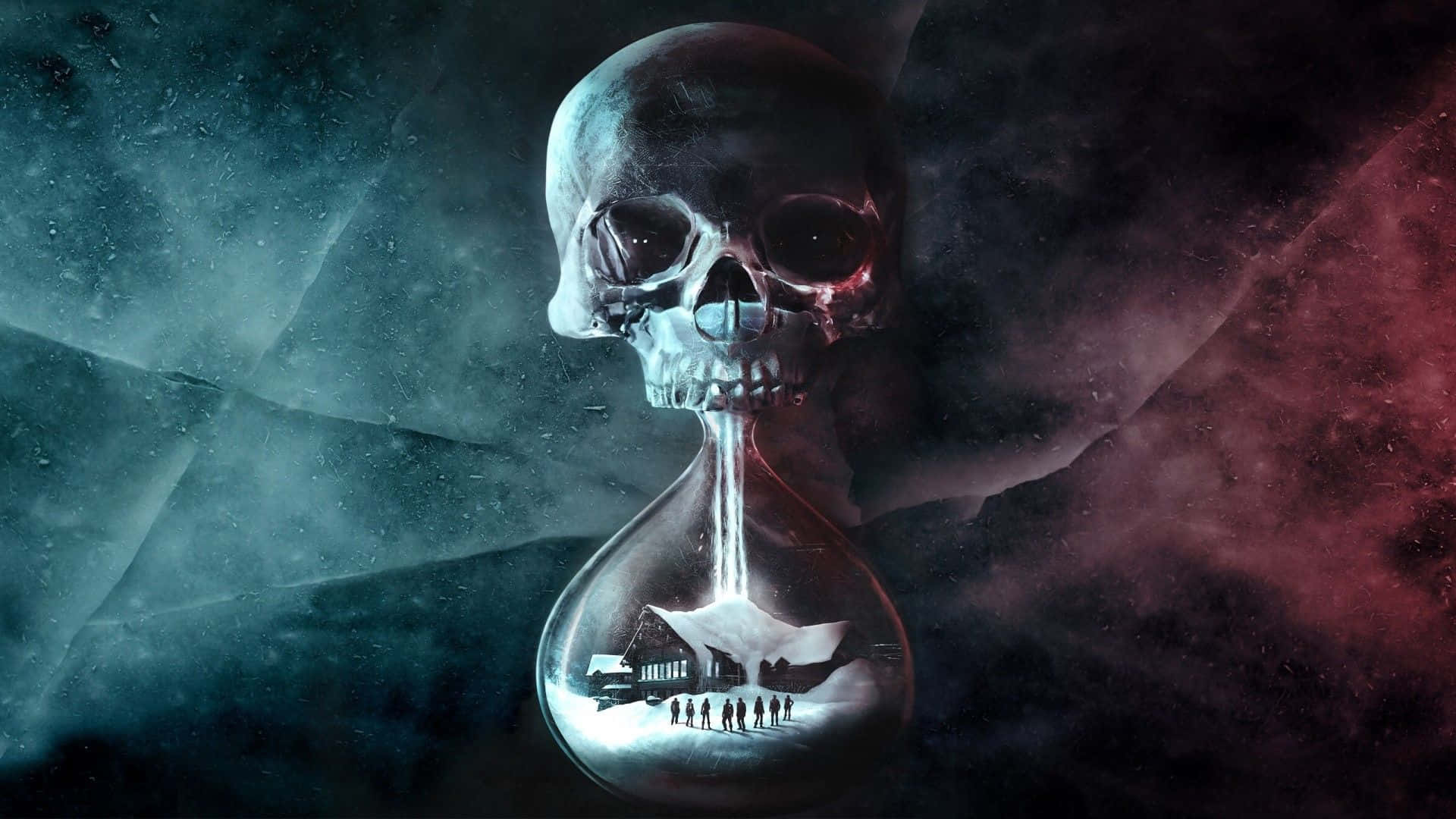 skull-shaped hourglass, snowy village scene, cosmic dark red and teal nebula background, Full HD Desktop Wallpaper