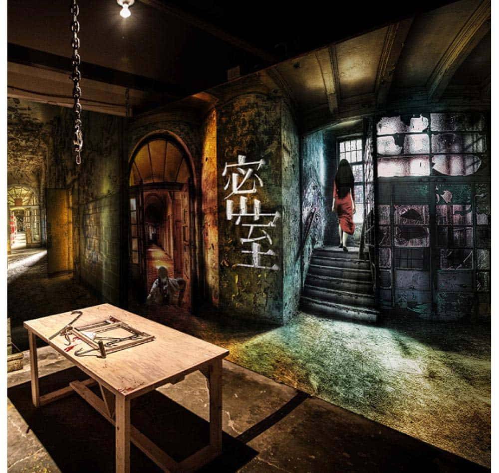 eerie asylum corridor, haunted house interior, wooden table, SD Desktop Wallpaper