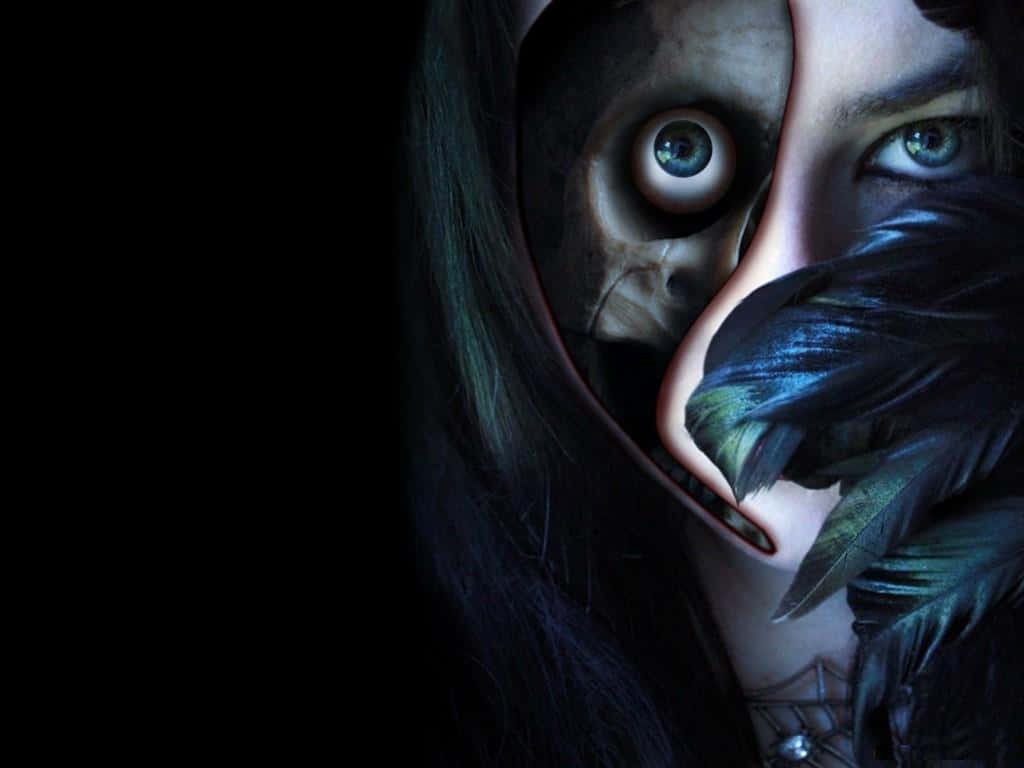 eerie masked figure with feather, split-face portrait, pale woman with green eyes, SD Desktop Wallpaper