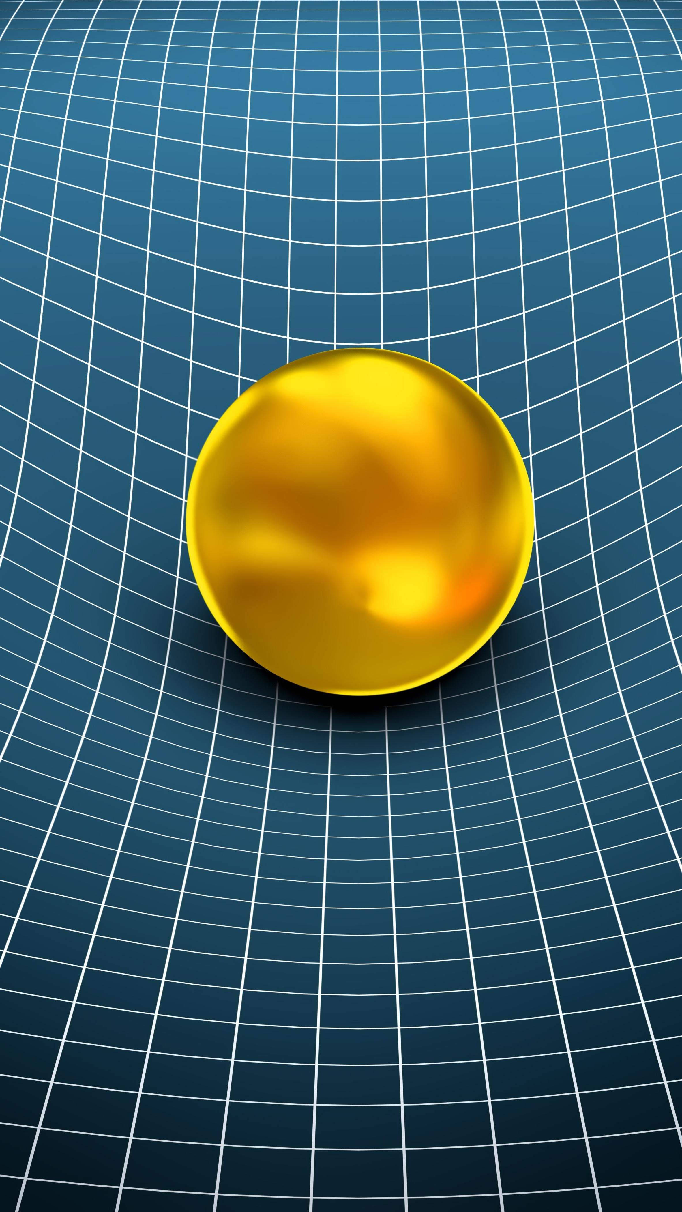 3d phone, golden ball, blue grid background, 4K Phone Wallpaper