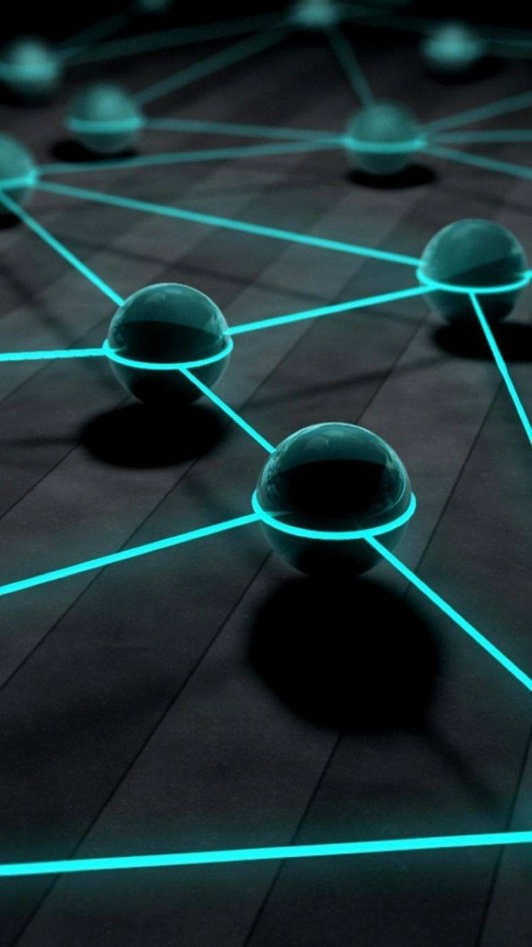 3d iPhone, interconnected blue spheres, glowing cyan lines, HD Phone Wallpaper