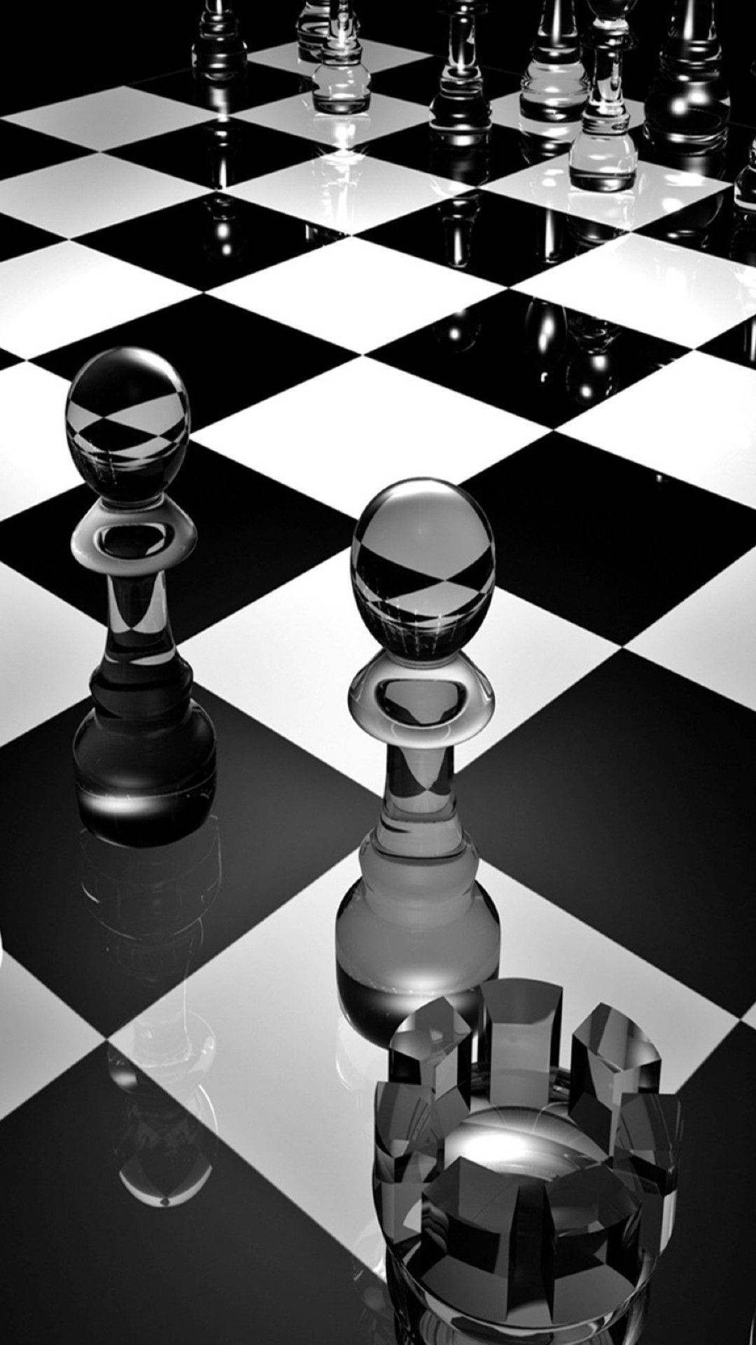 3d iPhone, glass chess pieces, glossy black and white checkered board, Full HD Phone Wallpaper