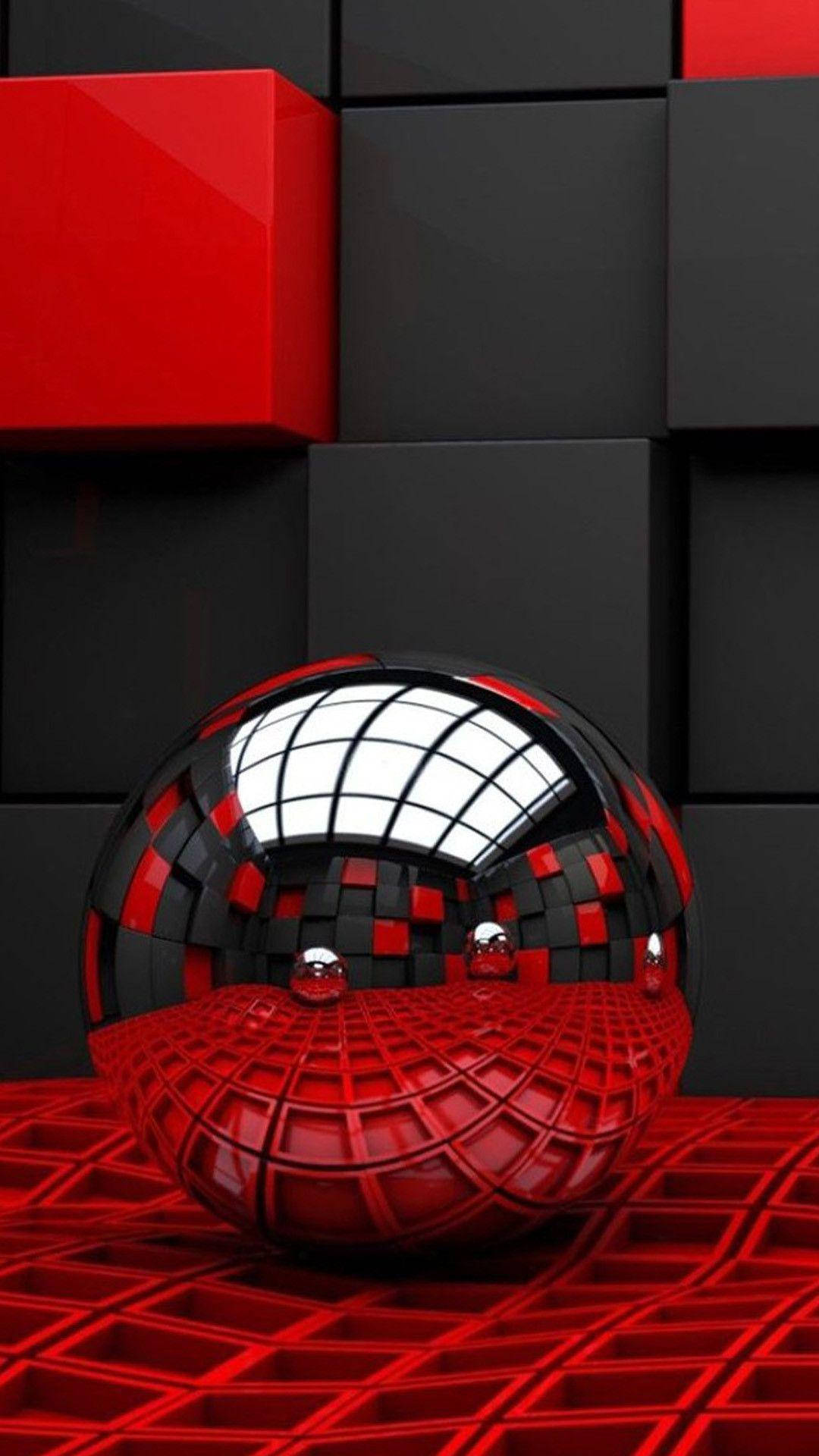 3d iPhone, chromed sphere, glossy red and black sphere, Full HD Phone Wallpaper