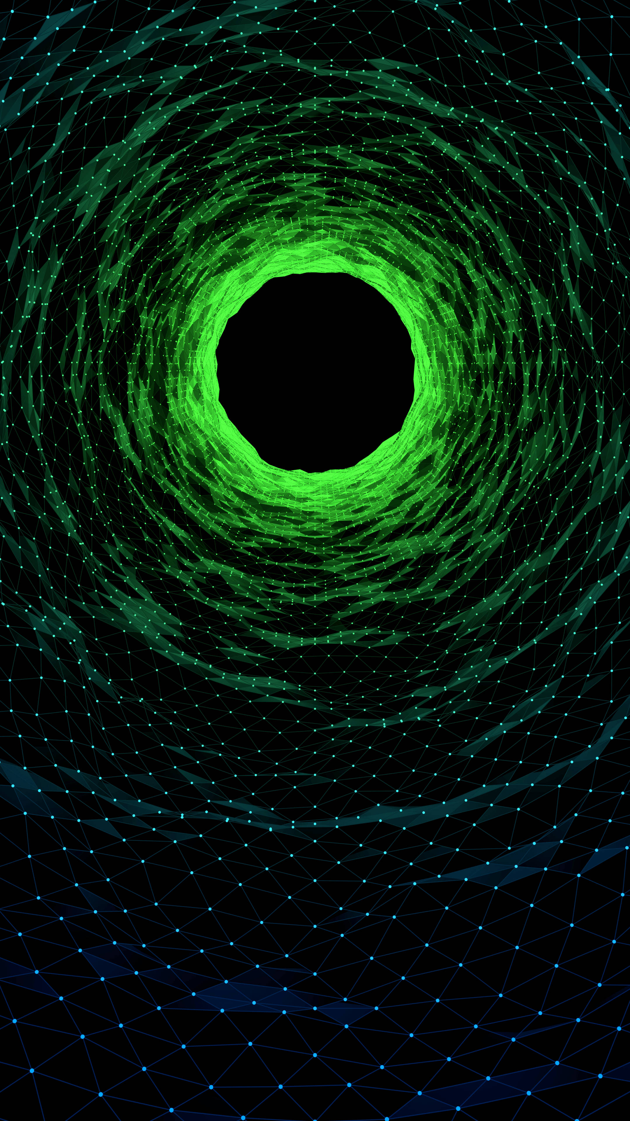 3d iPhone, green vortex, glowing green particles, 4K Phone Wallpaper