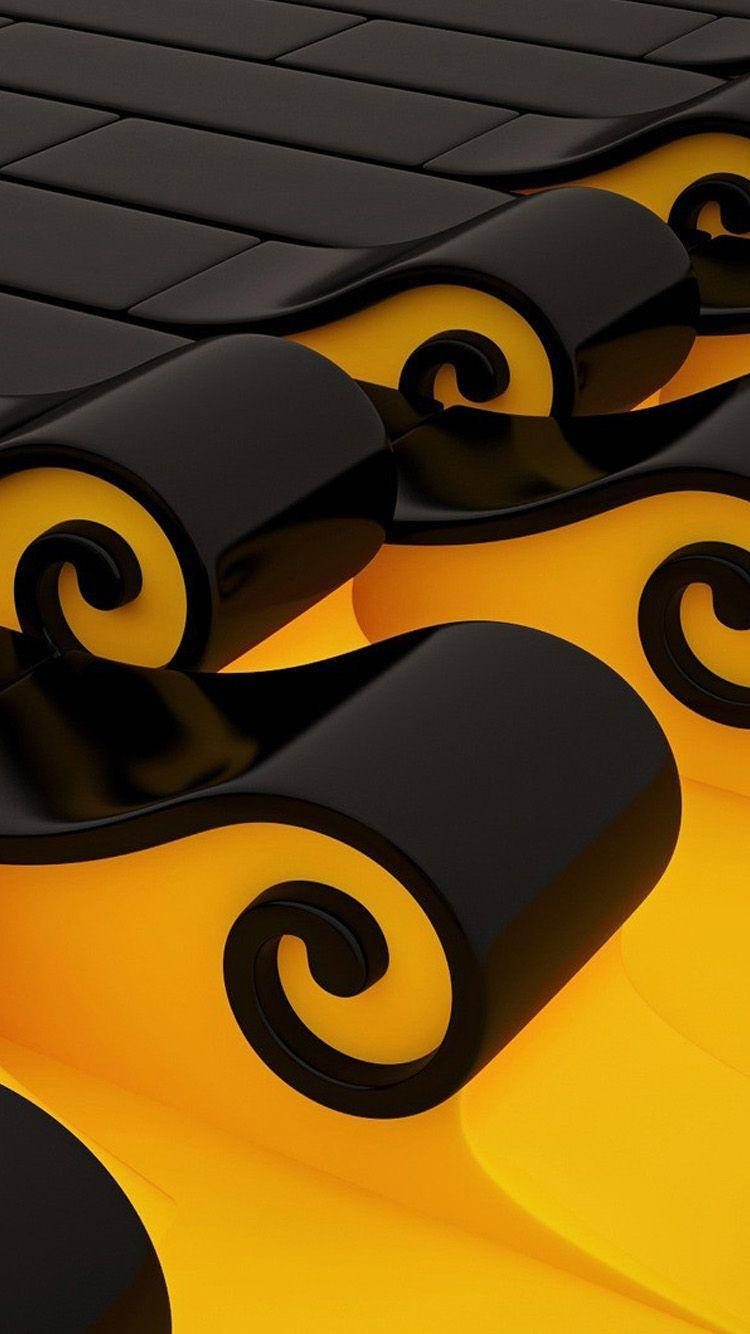 3d iPhone, curved tiles, black and yellow abstract swirls, HD Phone Wallpaper