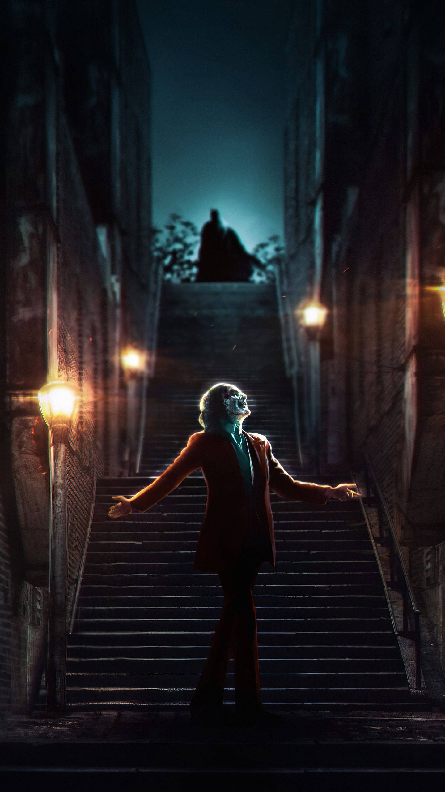 3d Joker iPhone, dancing on stairs, red suit, 2K Phone Wallpaper