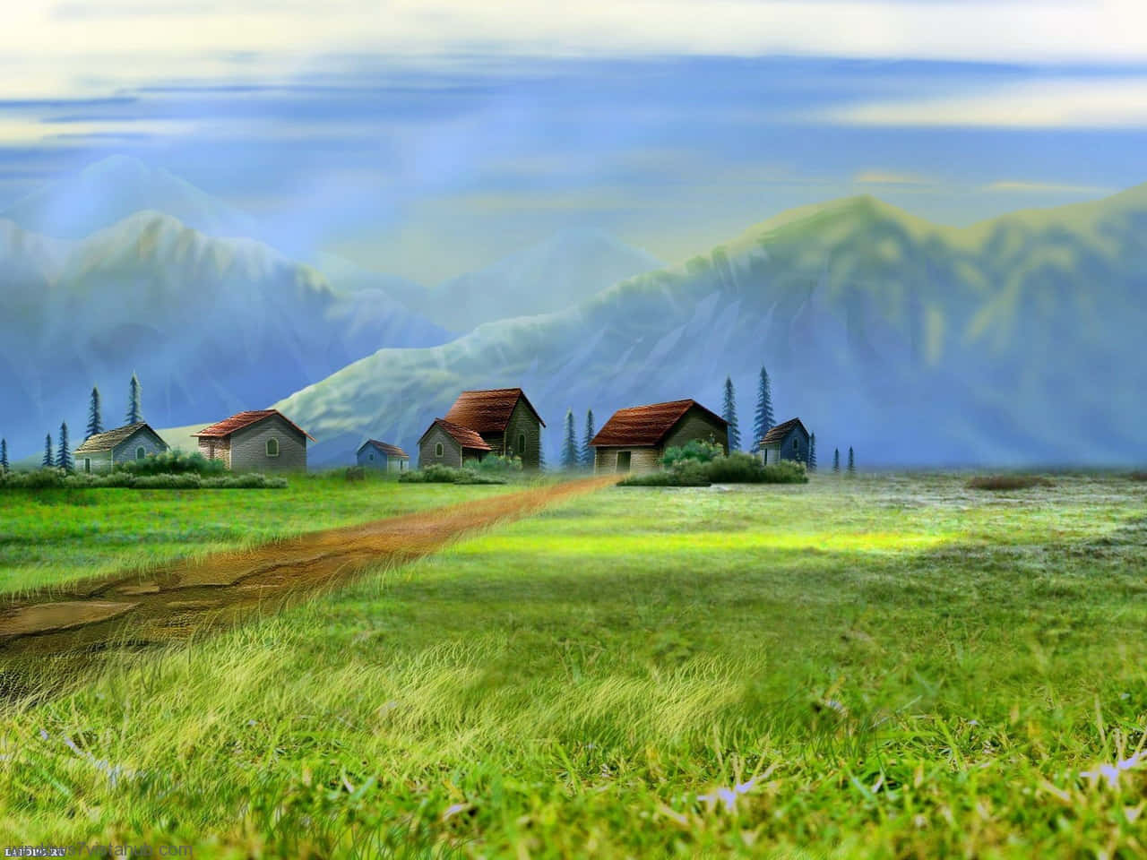 3d landscape, rolling hills, lush green trees, HD Desktop Wallpaper