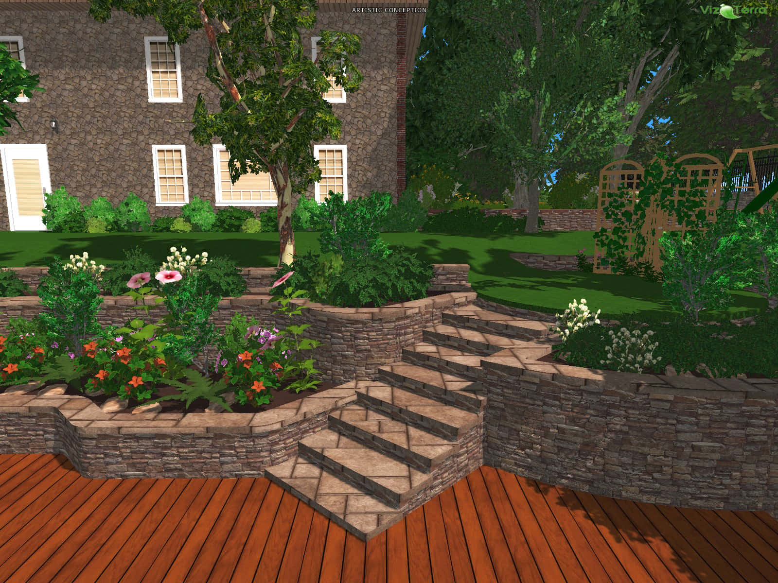 stone staircase, lush garden, blooming flowers, HD Desktop Wallpaper