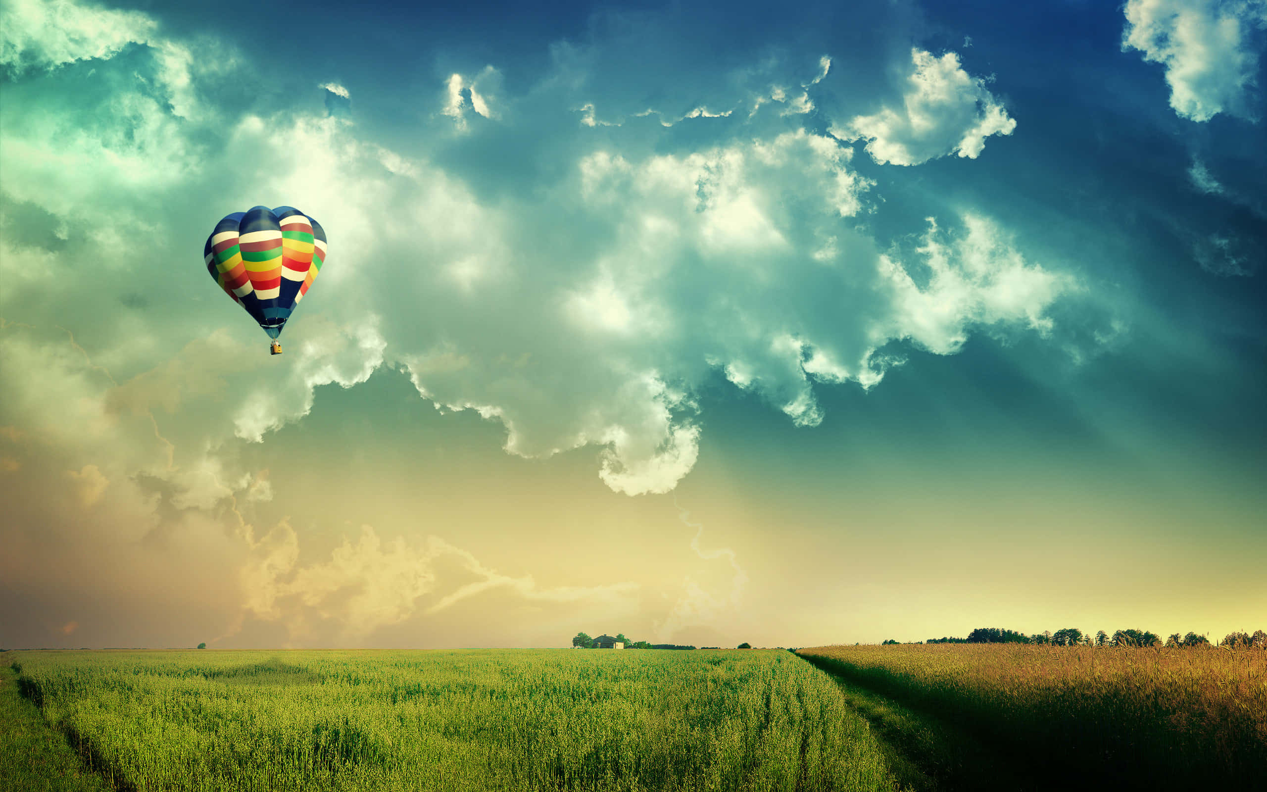 3D Landscape, sunset, hot air balloon, 2K Desktop Wallpaper