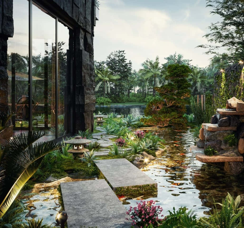 3d landscape, modern stone house, glass walls, SD Desktop Wallpaper