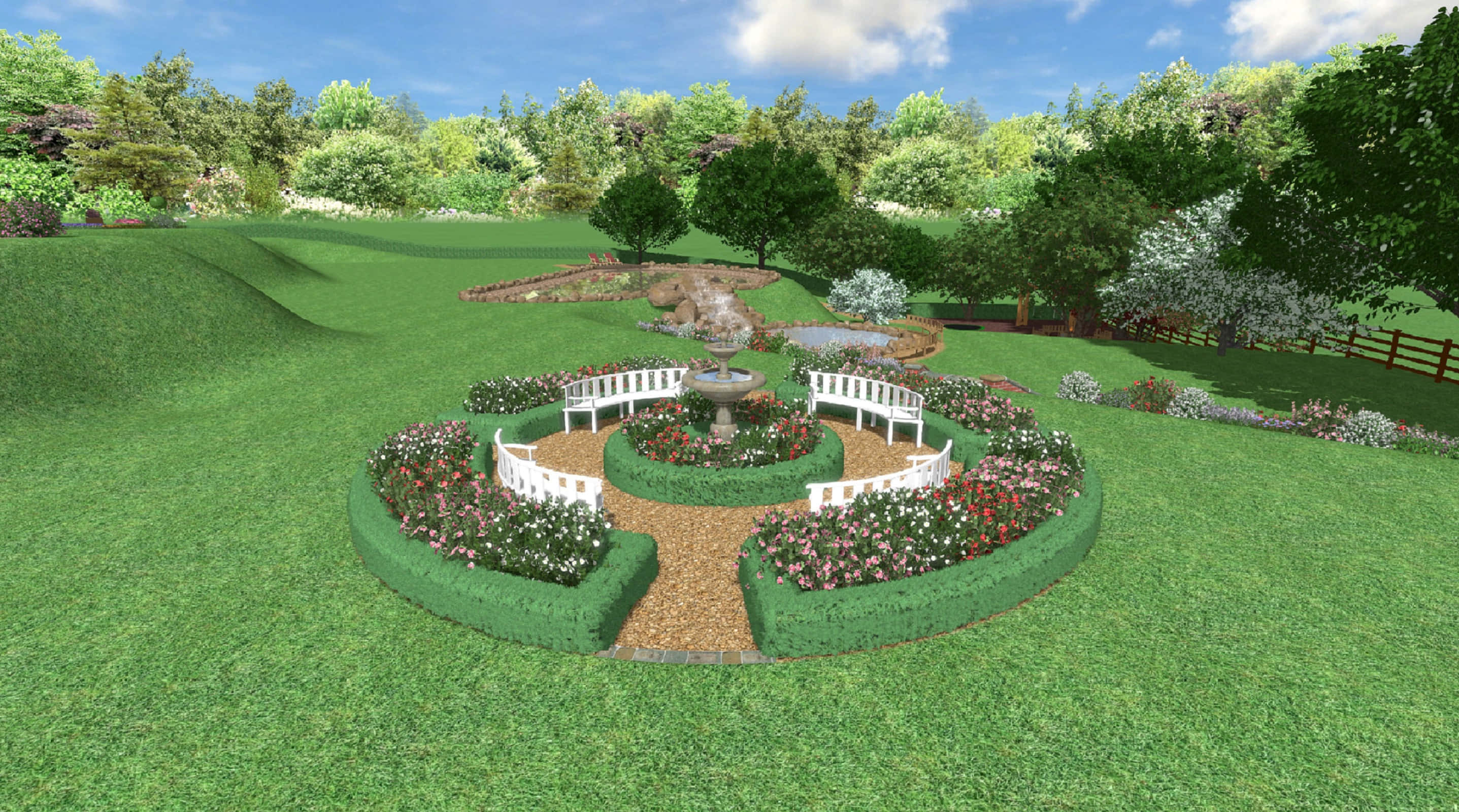 3d landscape, crystal clear waters, central fountain, 2K Desktop Wallpaper