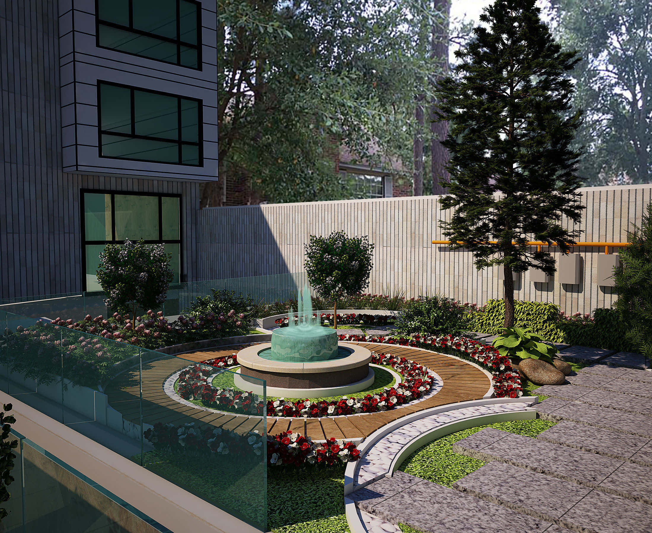3d landscape, courtyard fountain, red flowers, Full HD Desktop Wallpaper