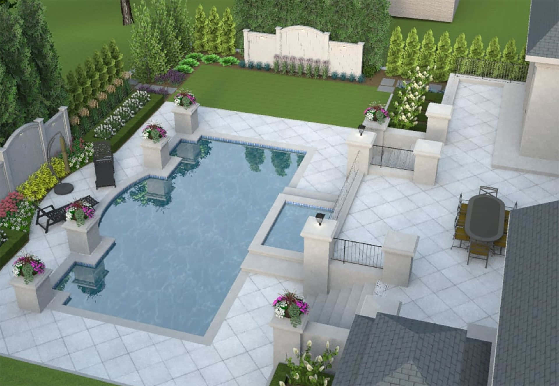 3d landscape, aerial view, luxurious backyard pool, Full HD Desktop Wallpaper