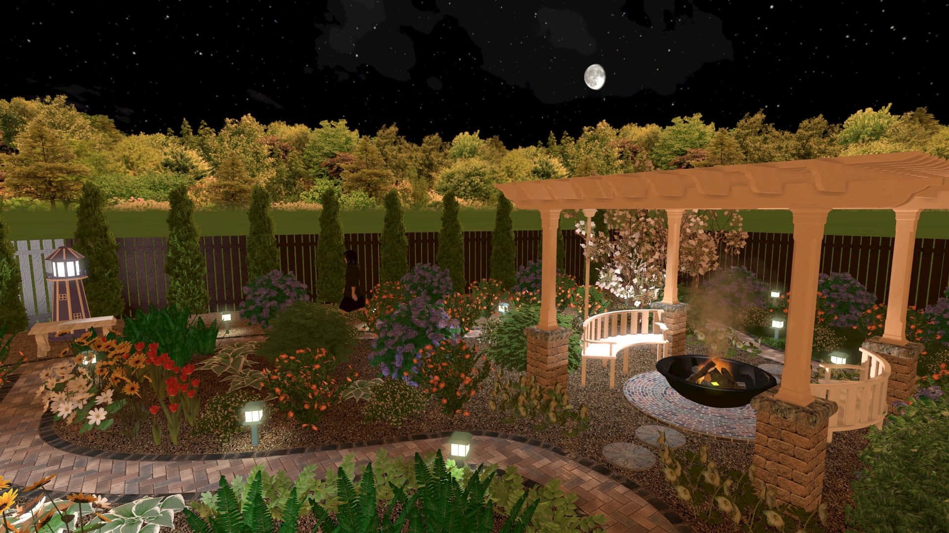 3d landscape, nighttime garden, glowing fire pit, Full HD Desktop Wallpaper
