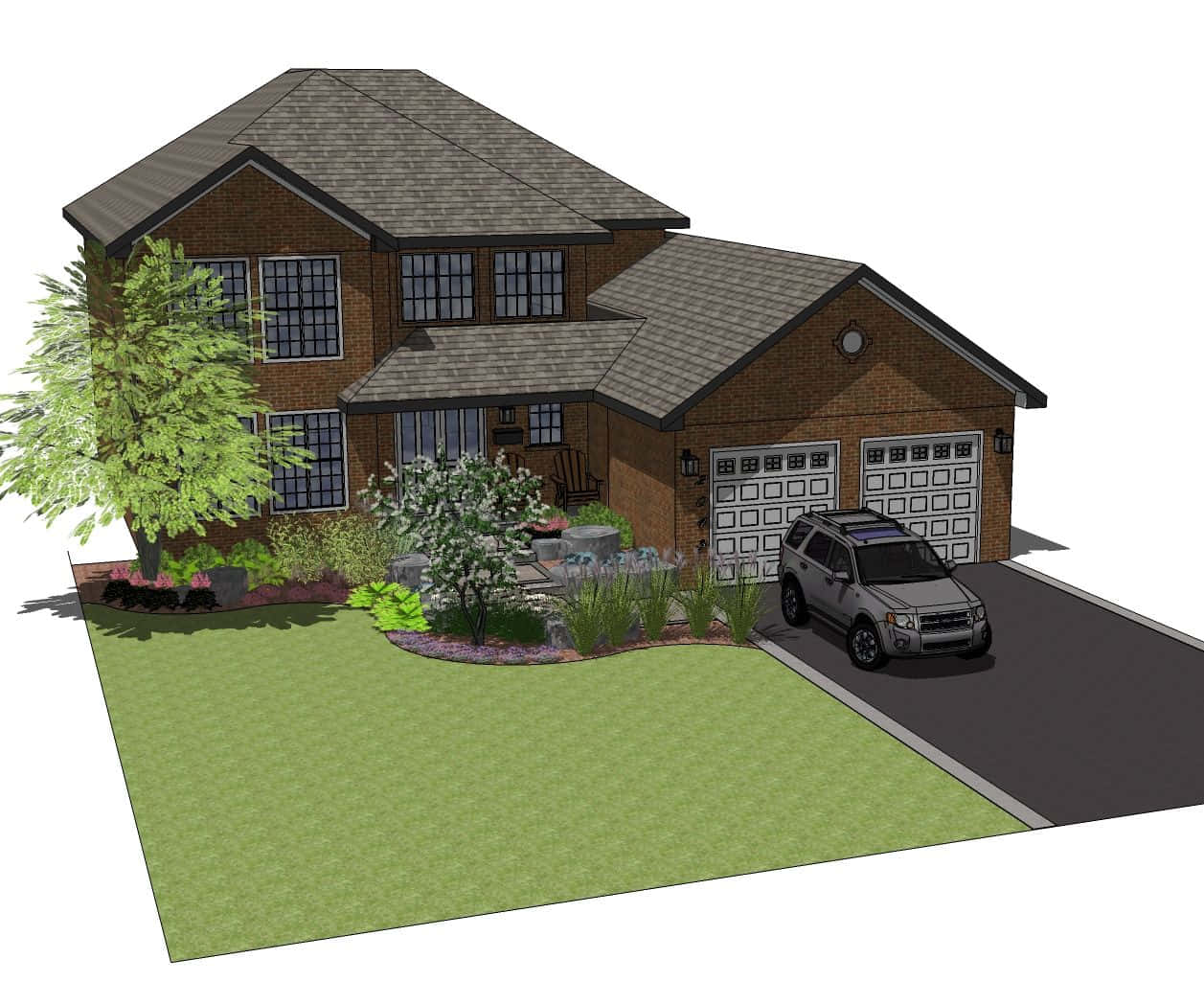 3D Landscape, modern brick house, gray roof, SD Desktop Wallpaper