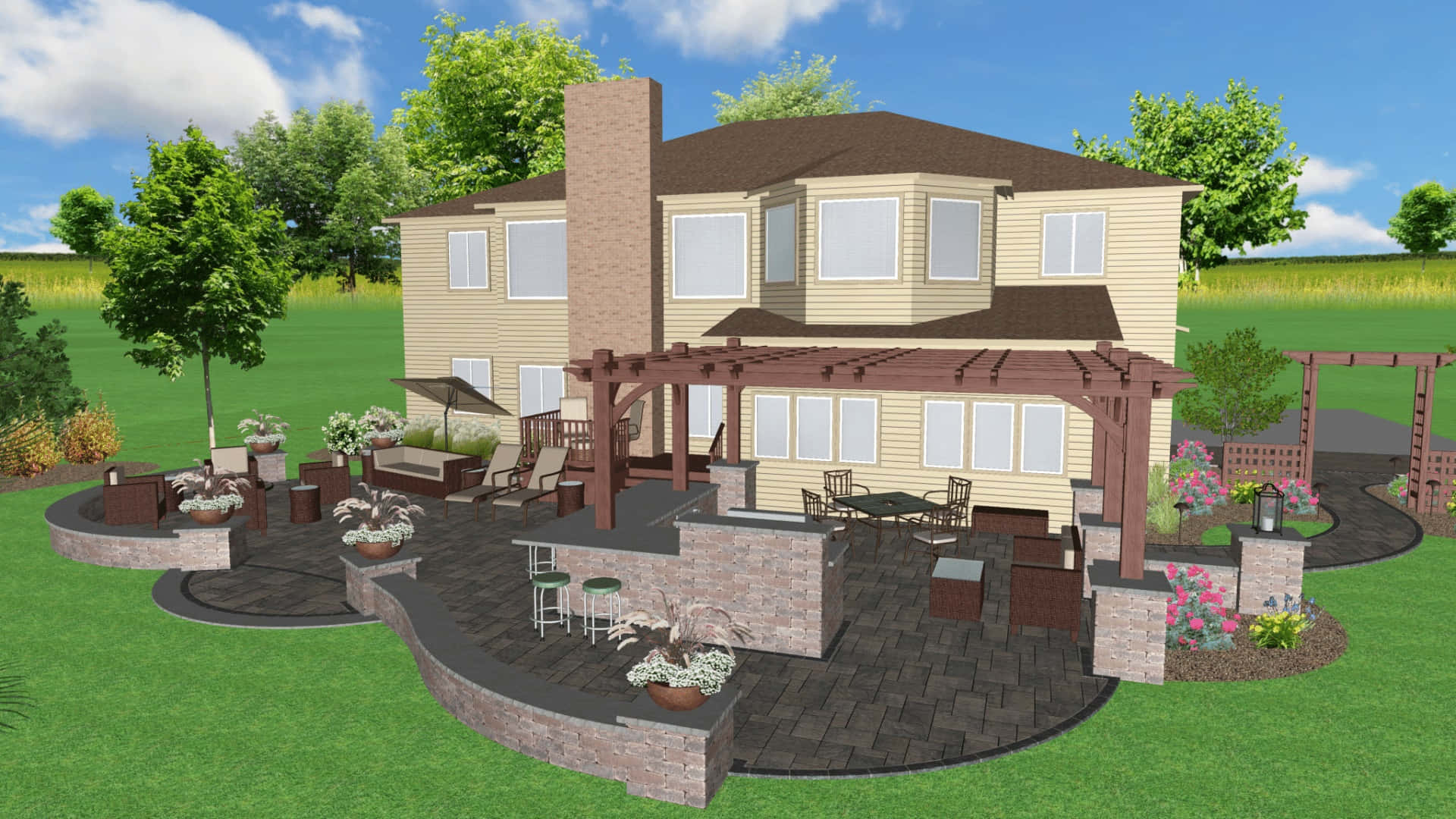 3D Landscape Scene, modern two-story house, large stone patio, Full HD Desktop Wallpaper