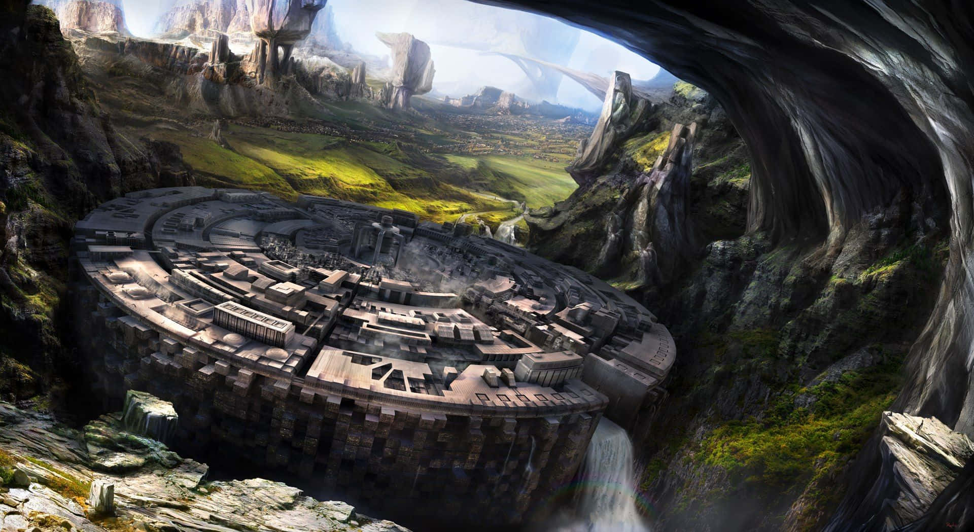 3d landscape, ancient circular city, mountainous valley, Full HD Desktop Wallpaper