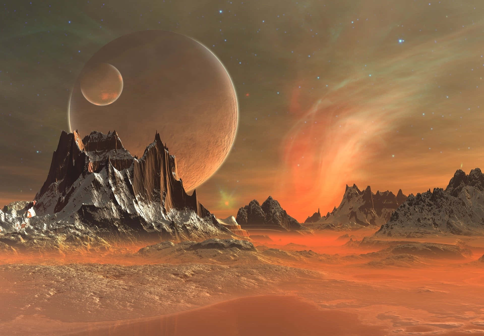 3D Landscape, jagged snow-capped mountains, massive orange planet, Full HD Desktop Wallpaper