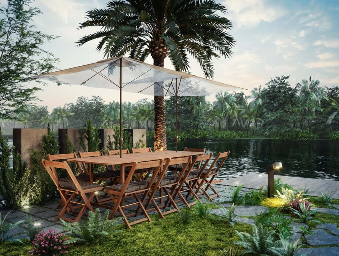 wooden dining set, large umbrella, tranquil pond, SD Desktop Wallpaper