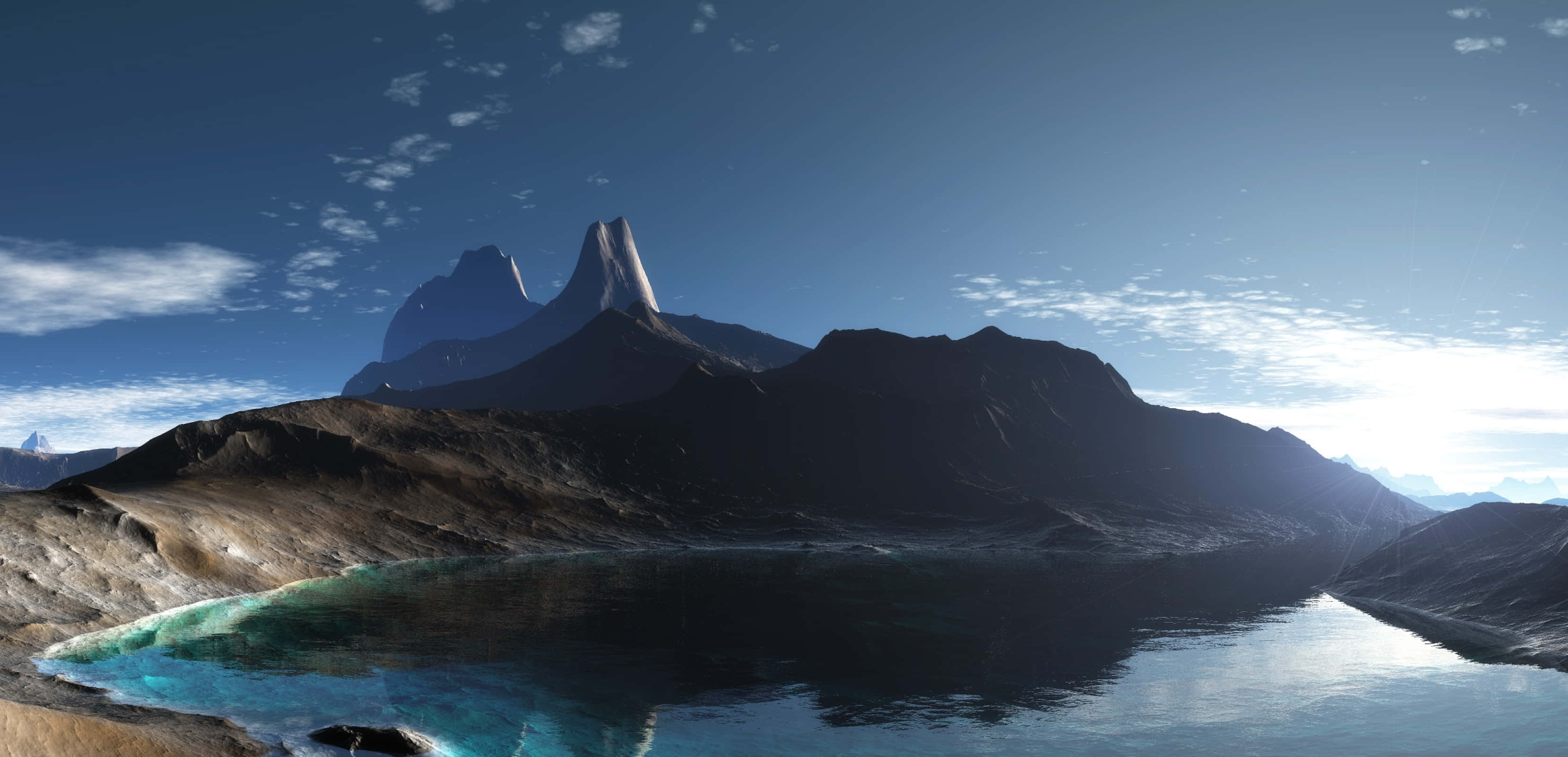 3d landscape, mountain lake, jagged peak, 2K Desktop Wallpaper