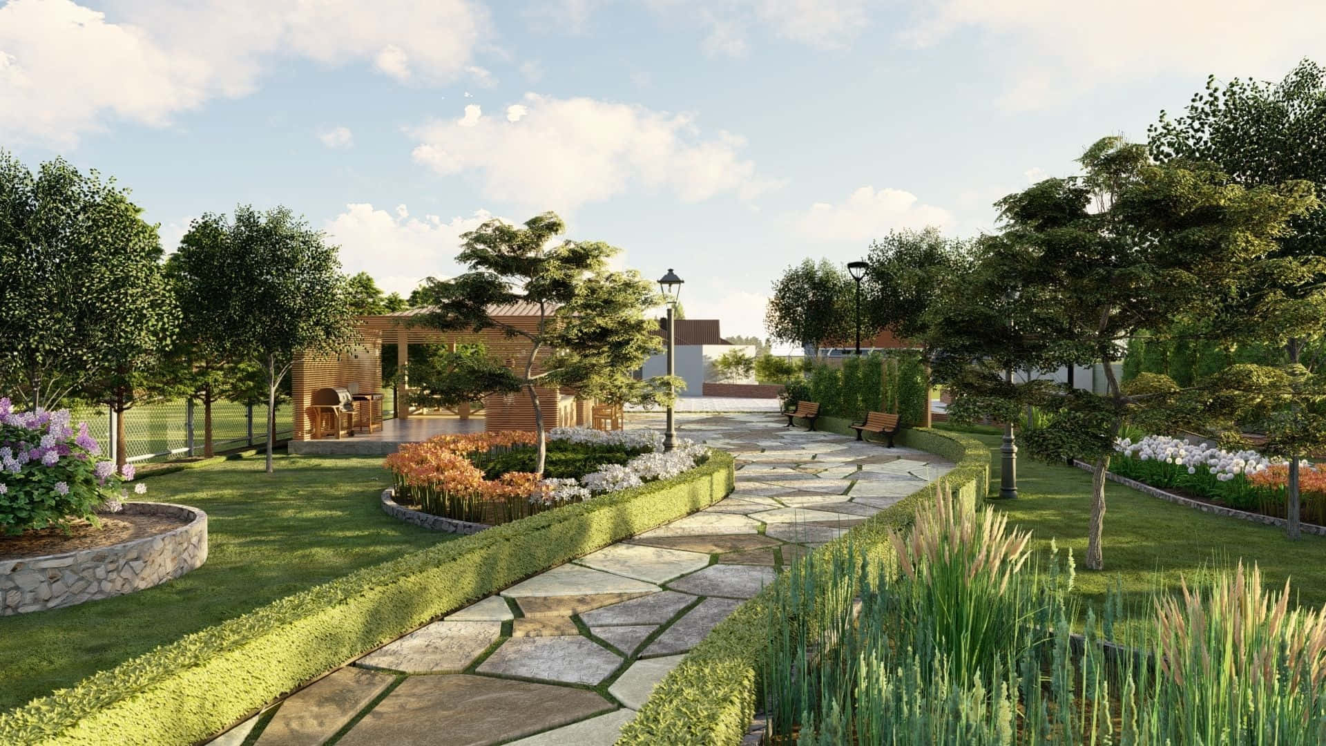 3d landscape, Majestic Mountain Landscape, serene garden path, Full HD Desktop Wallpaper