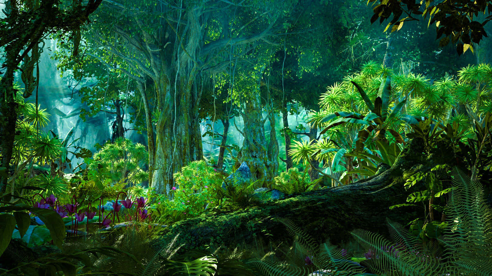 3d landscape, jungle trees, vibrant green ferns, HD Desktop Wallpaper