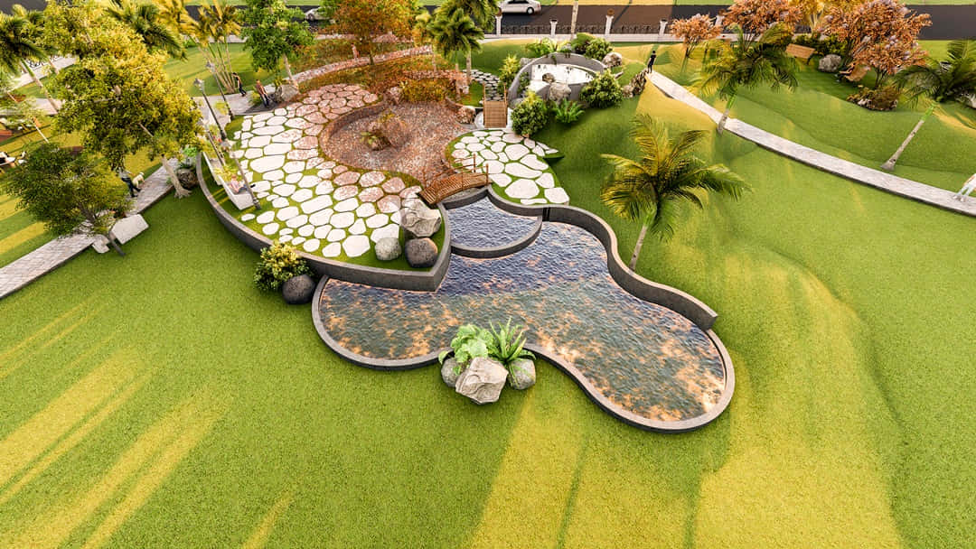 3D Landscape, winding stone pathways, meandering water feature, SD Desktop Wallpaper