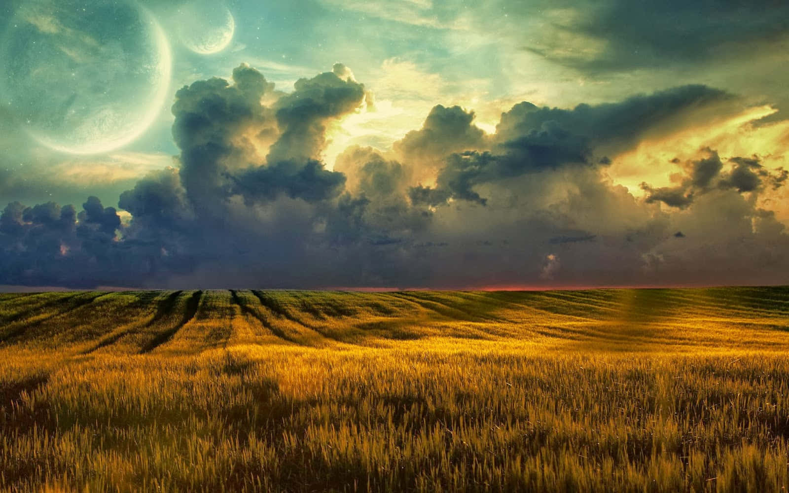3d landscape, golden wheat field, dramatic clouds, HD Desktop Wallpaper