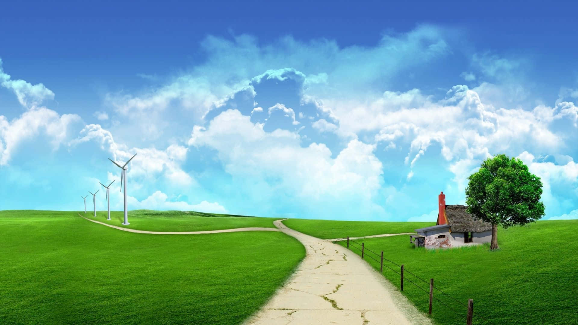 3d landscape, winding path, rustic cottage, Full HD Desktop Wallpaper
