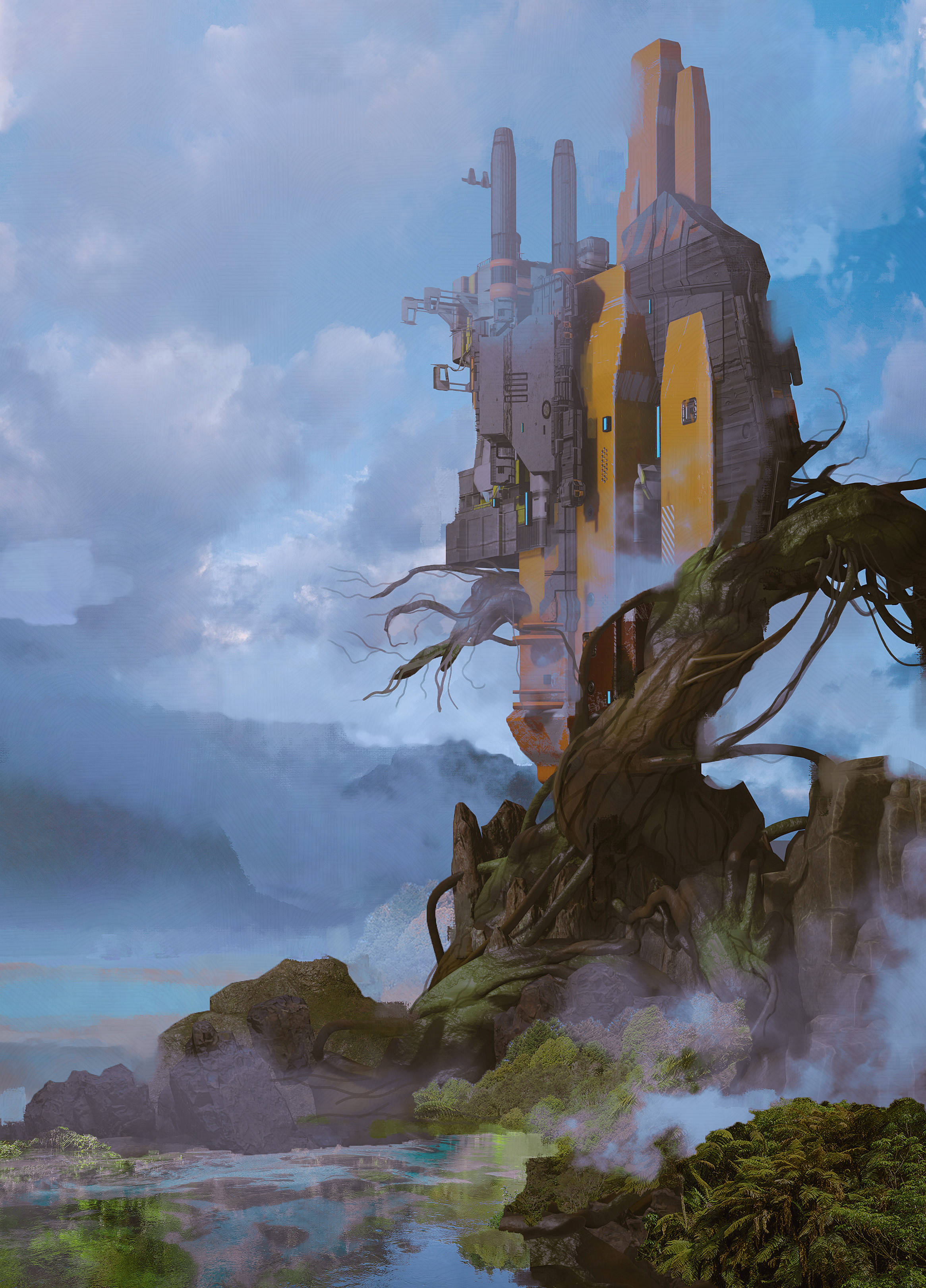 future building, rocks, fantasy, 2K Phone Wallpaper