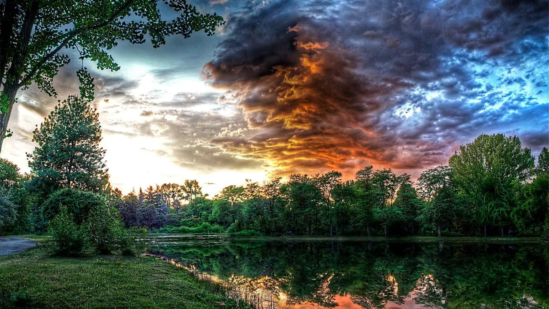 3d landscape, sunset, tranquil lake, Full HD Desktop Wallpaper