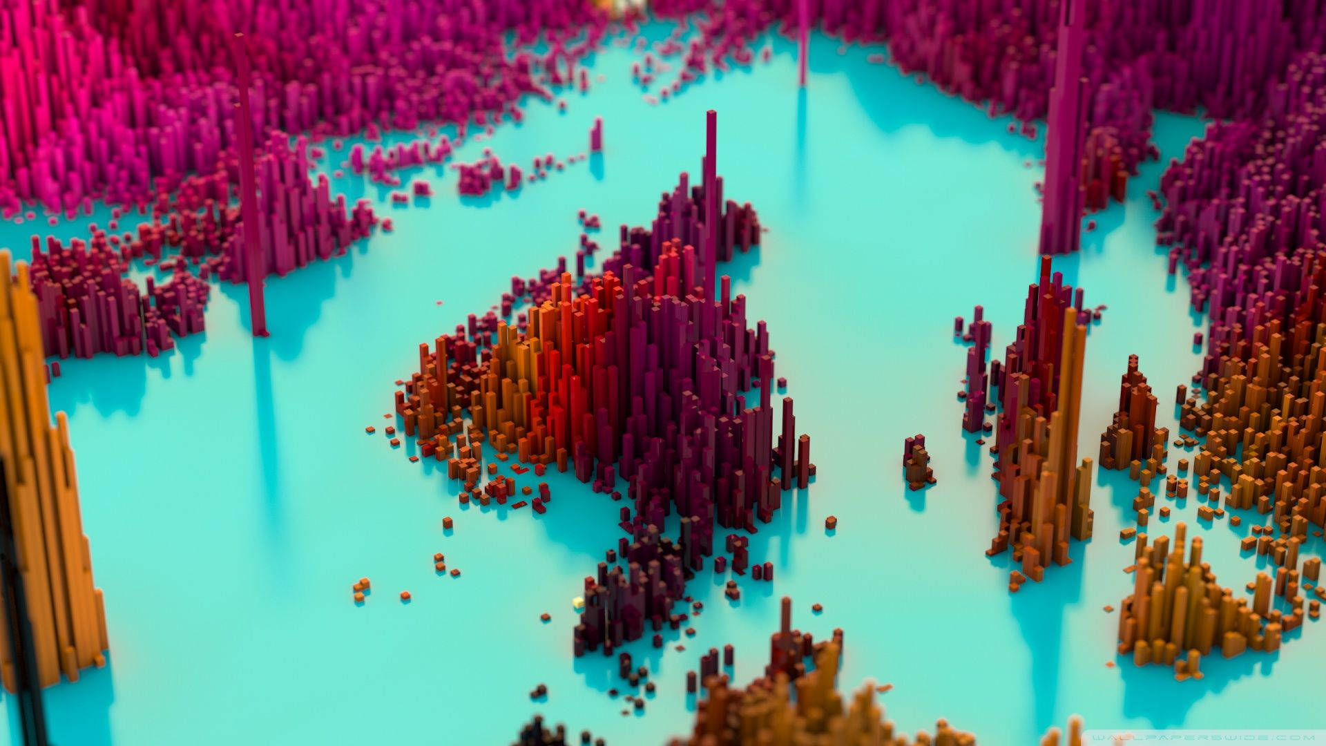 3d pixel colorful landscape, magenta, orange, Full HD Desktop Wallpaper