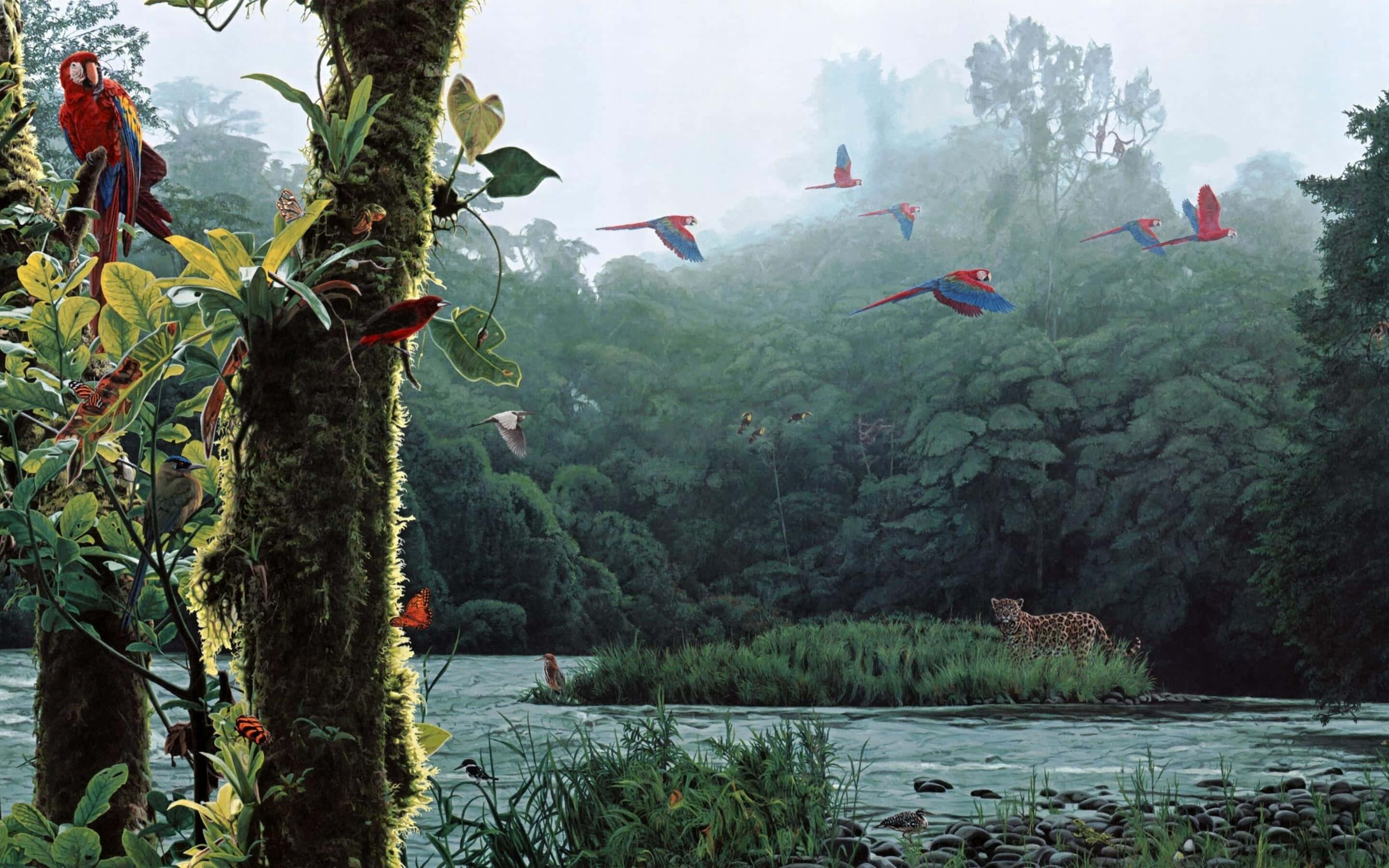 3D Forest Landscape, vibrant red macaws, misty jungle foliage, 2K Desktop Wallpaper