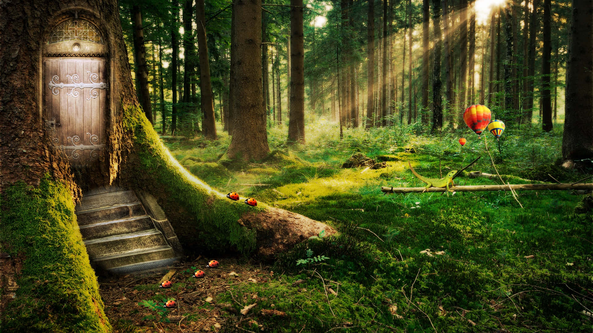 3D Forest Landscape, mossy tree, wooden door, Full HD Desktop Wallpaper