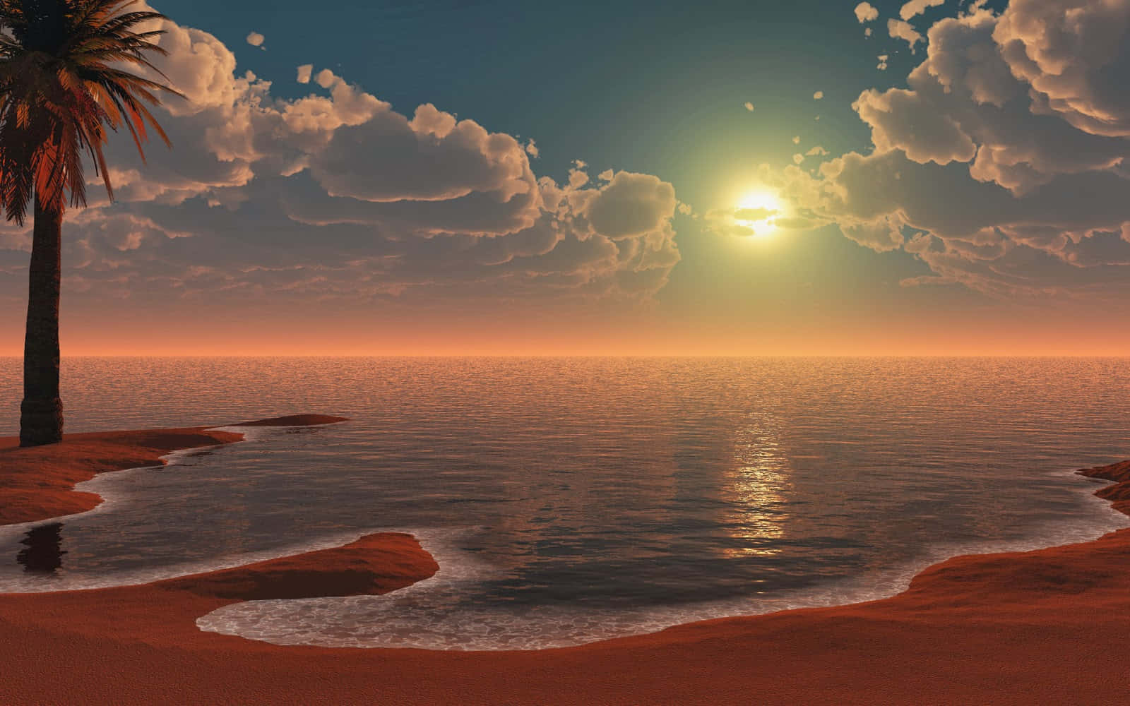 3d landscape, palm tree, red sand beach, HD Desktop Wallpaper