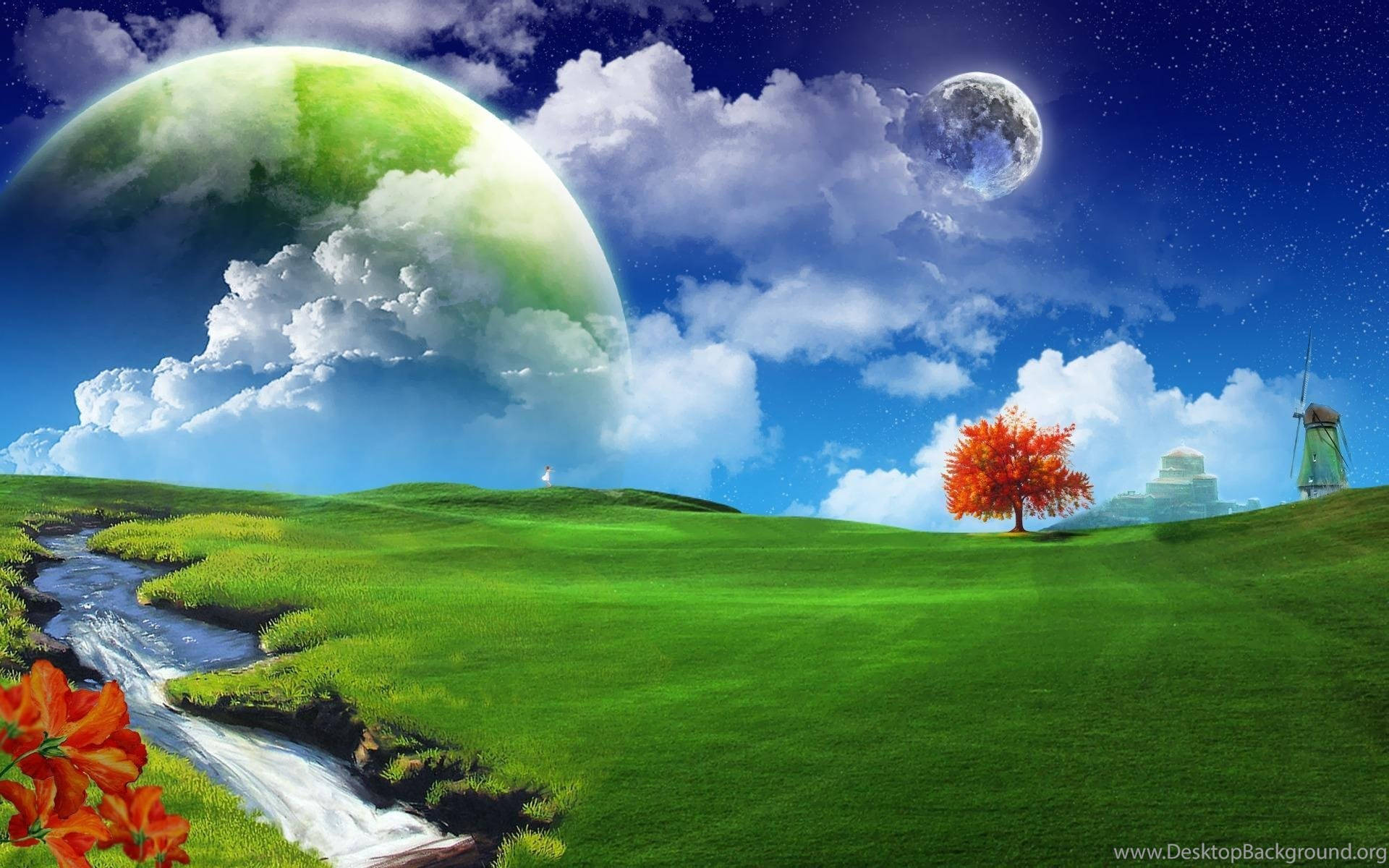 3d wonderful world, vibrant green field, winding stream, Full HD Desktop Wallpaper