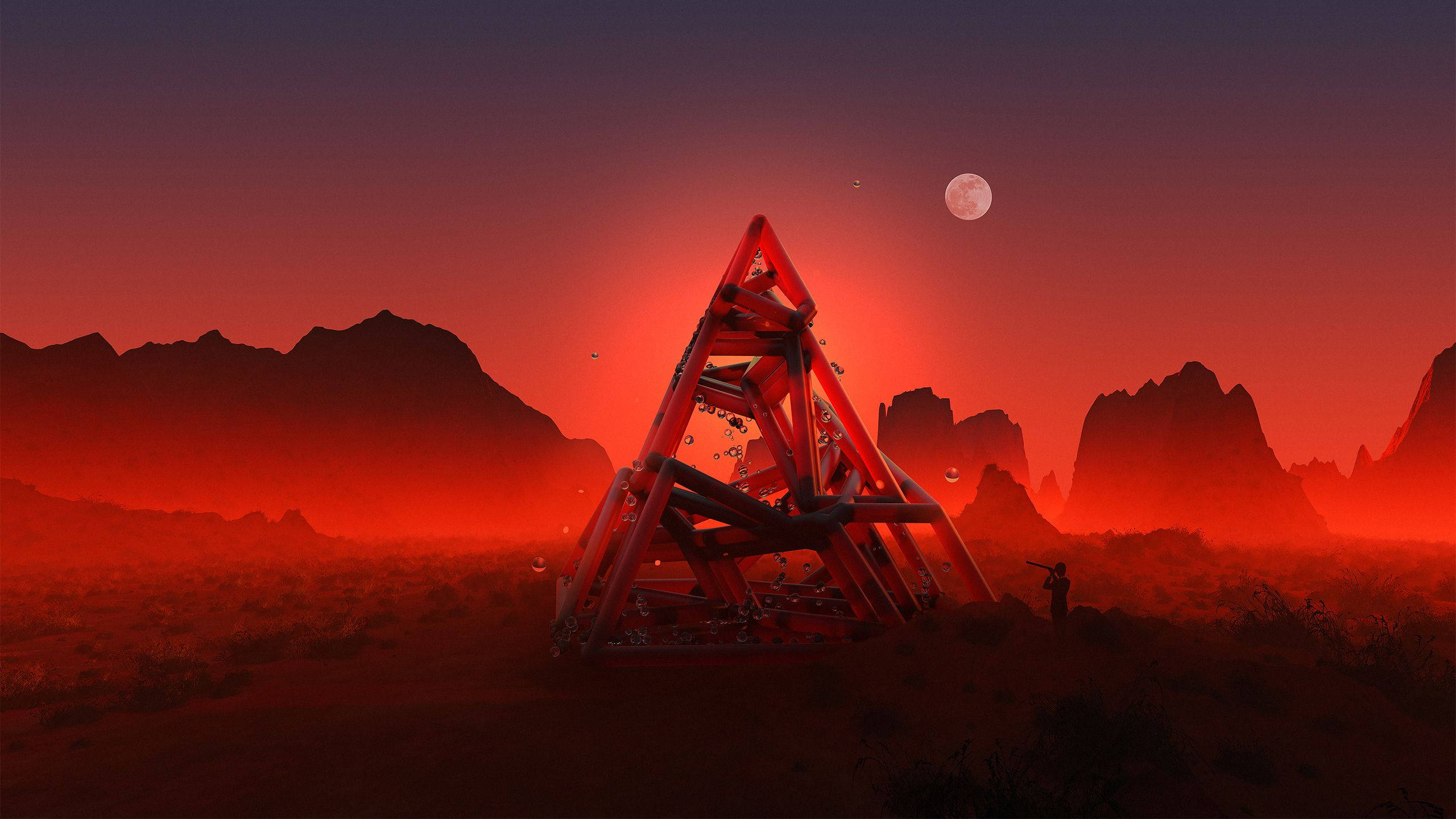shattered red pyramid, surreal crimson desert, glowing moon, 2K Desktop Wallpaper
